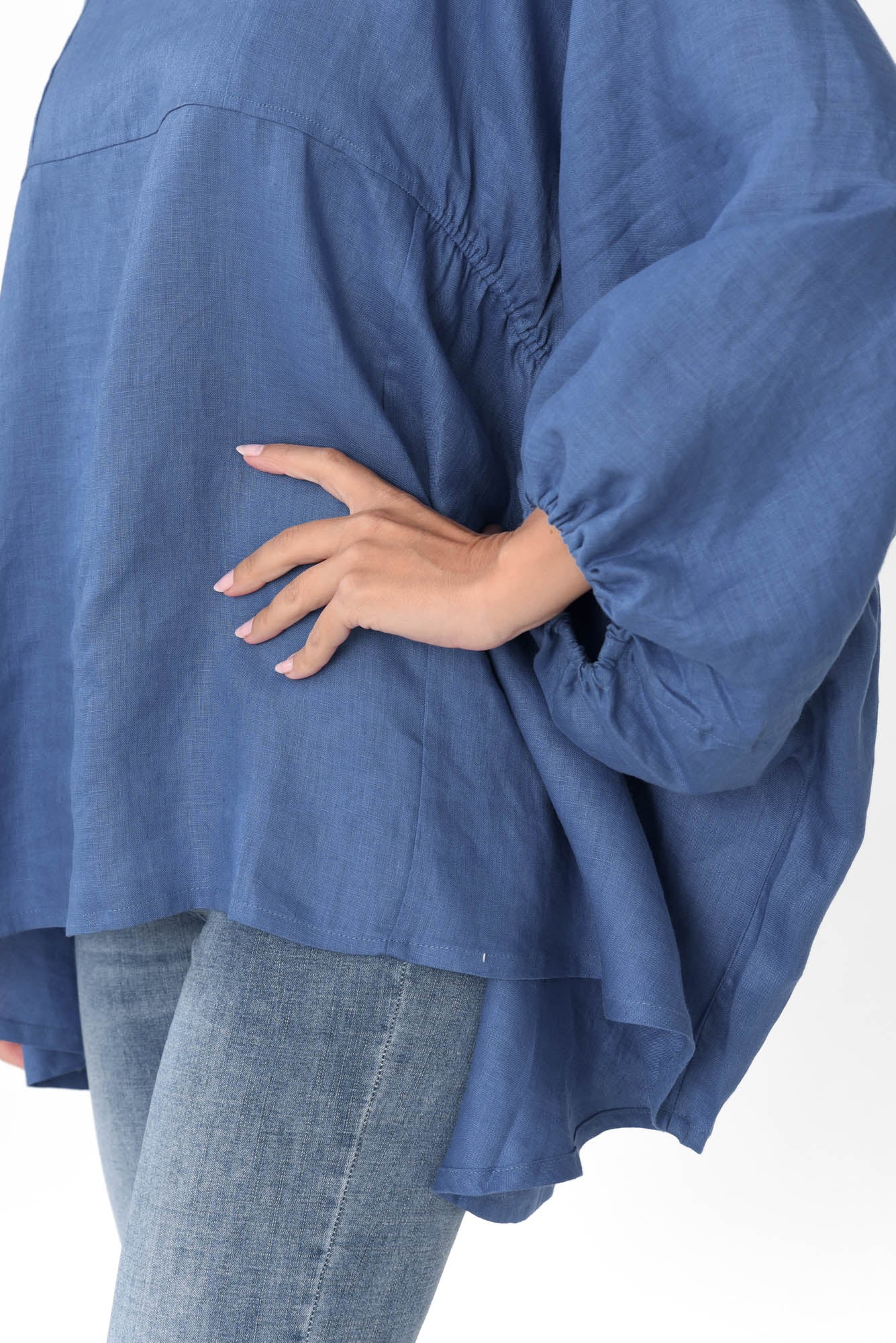 Darla Blue Gathered Sleeve Linen Top