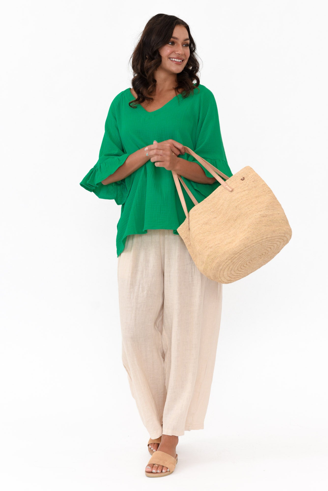 Corey Green Crinkle Cotton Frill Top