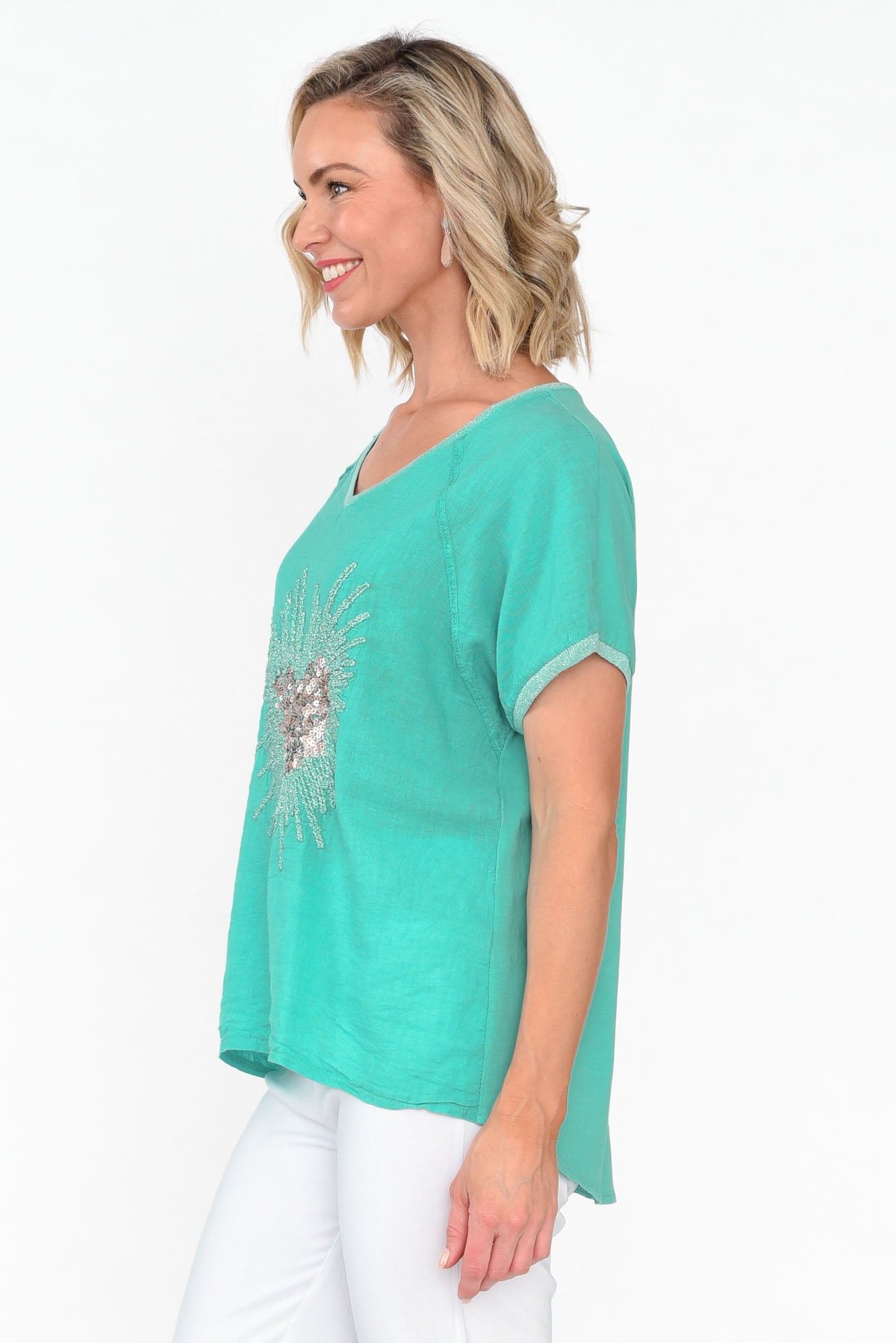 Candela Blue Sequin Heart Linen Top