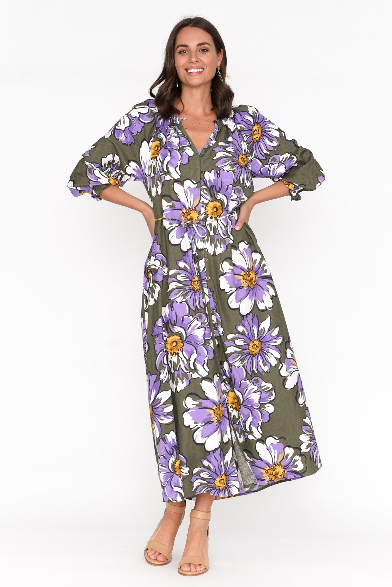 Antelle Khaki Blossom Linen Blend Dress
