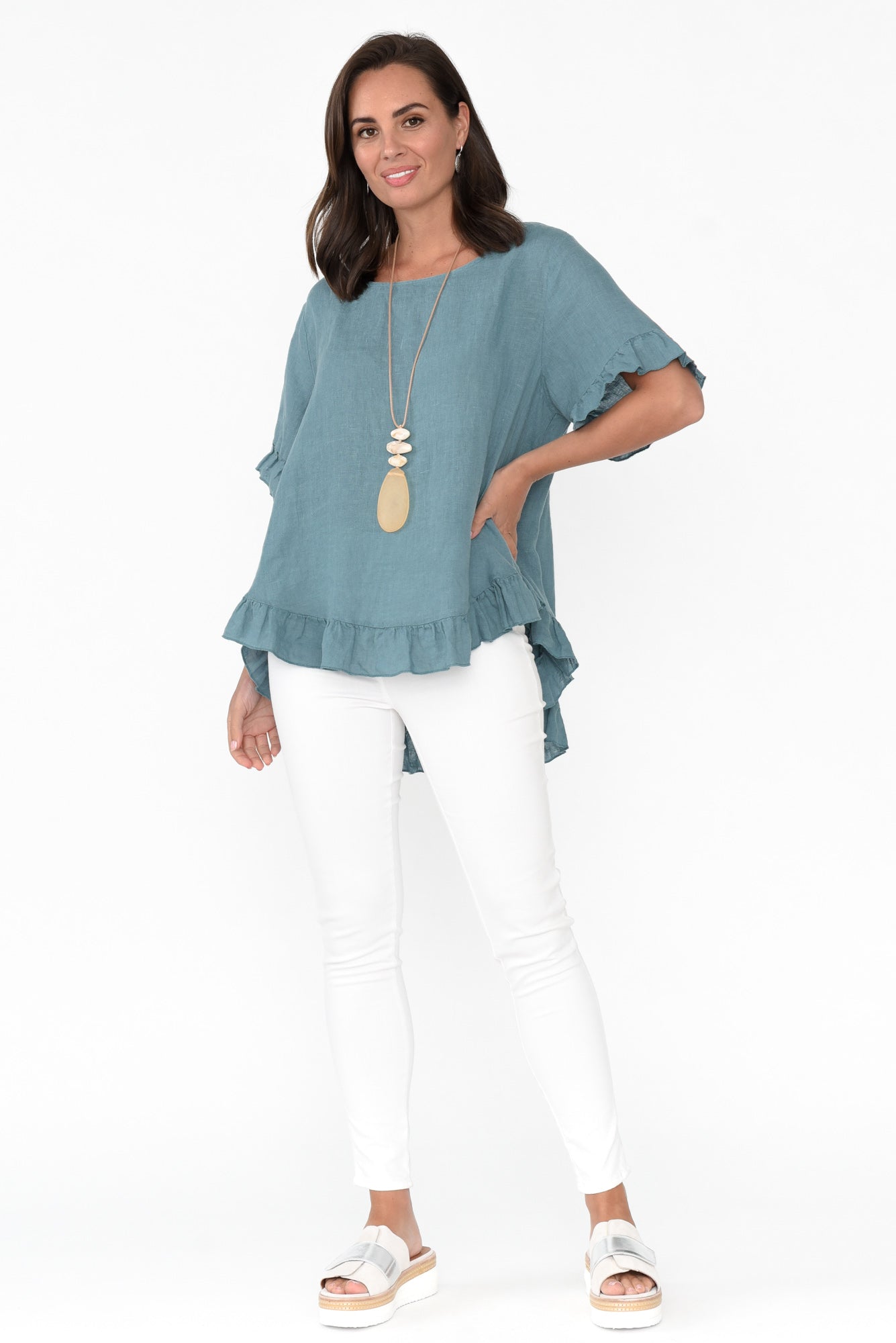Genevieve Blue Linen Frill Top