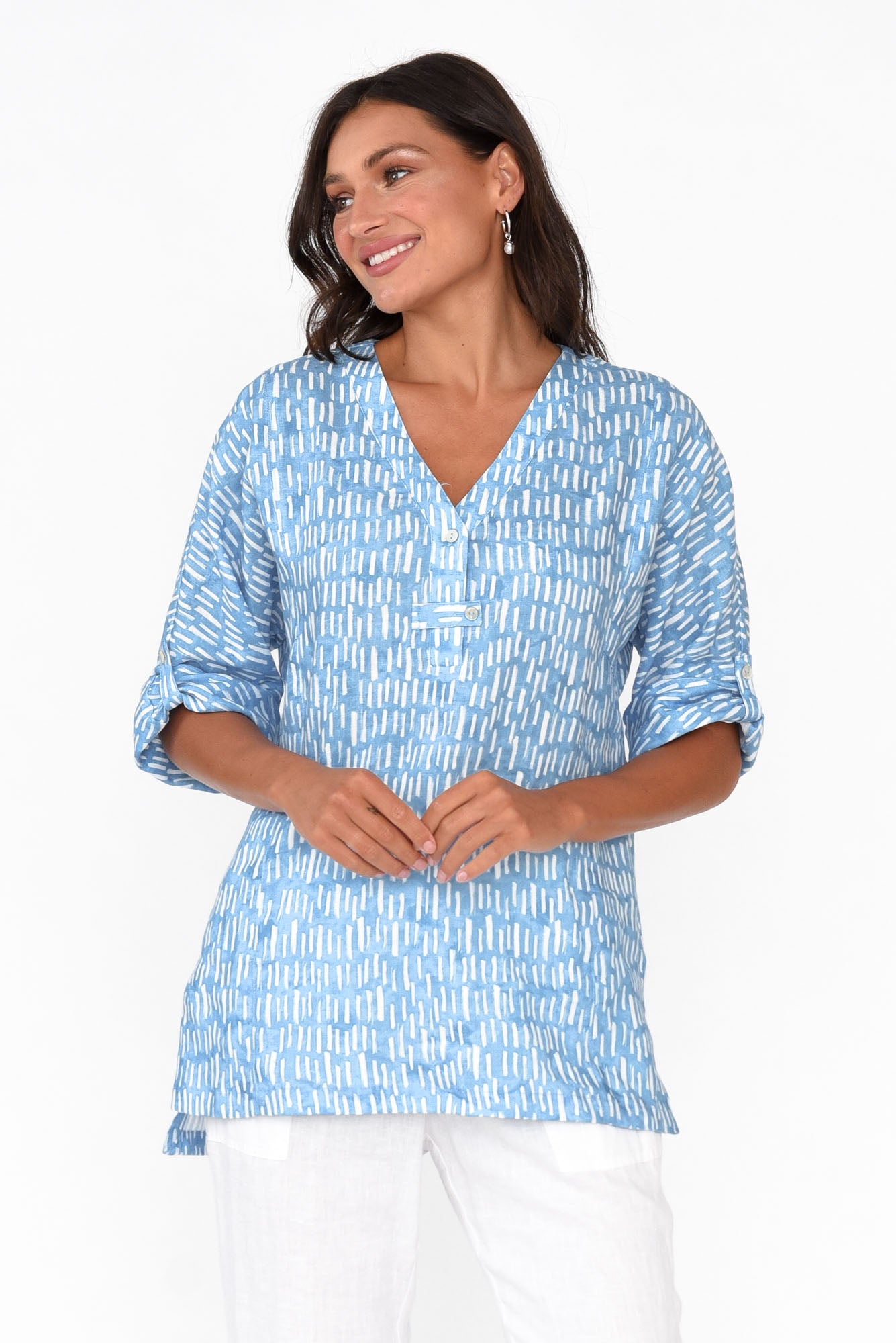 Edith Blue Geo Linen Top
