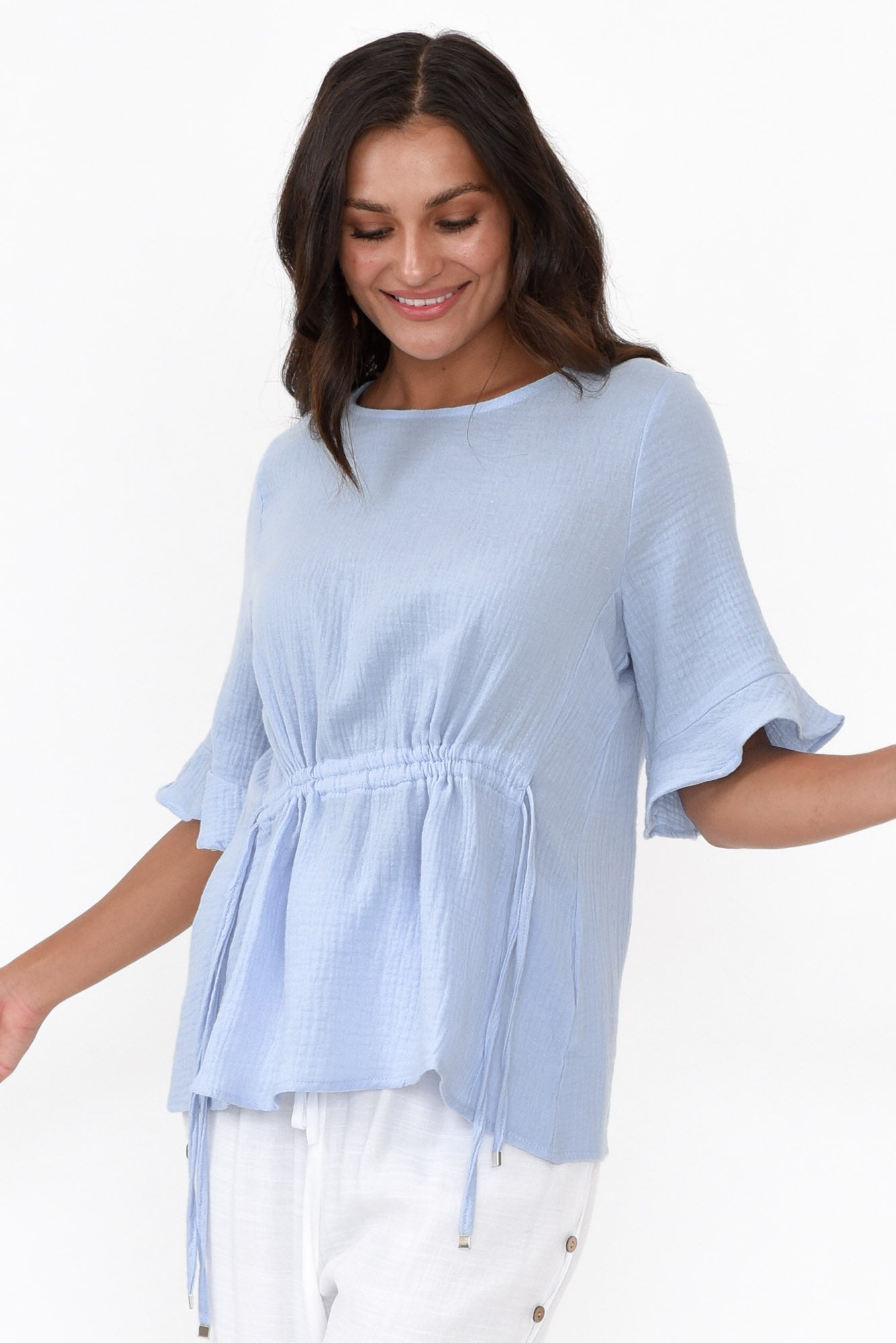 Rita Blue Crinkle Cotton Tie Top