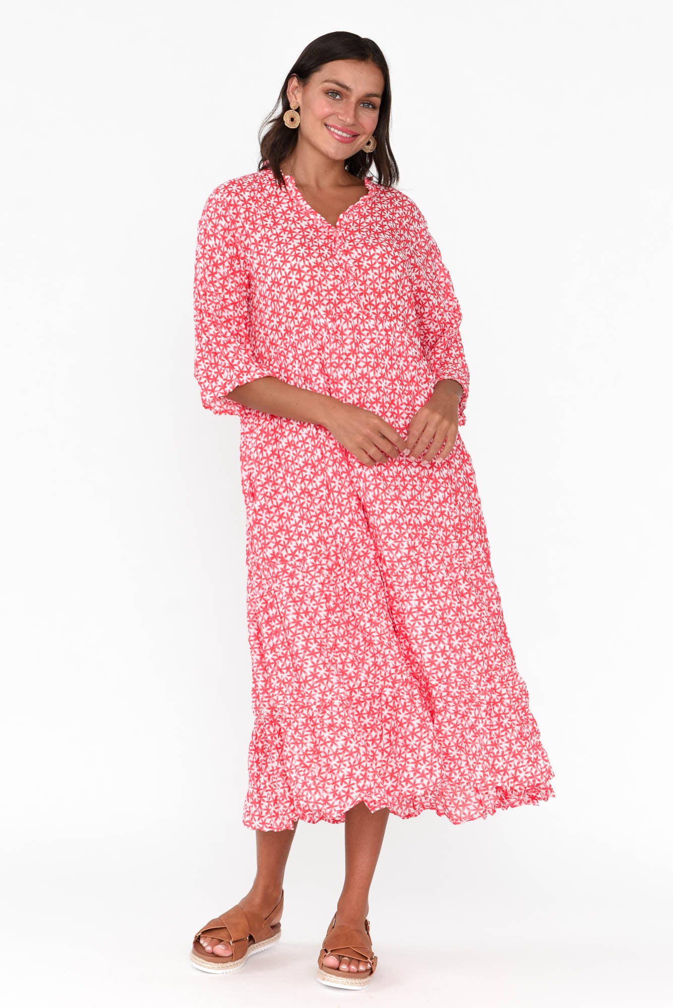 Anniston Red Flower Cotton Tiered Dress