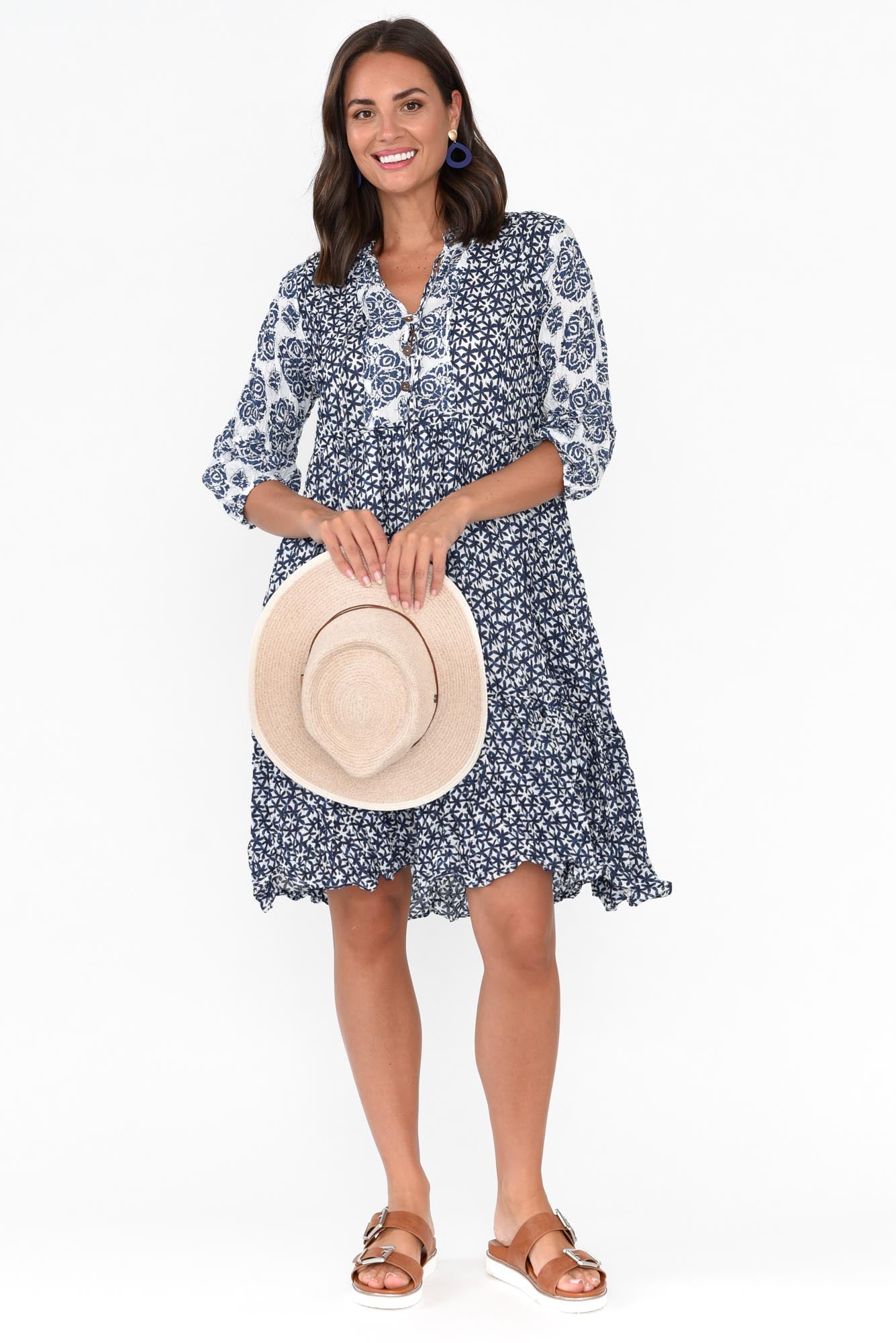 Oakwood Navy Flower Cotton Puff Sleeve Dress