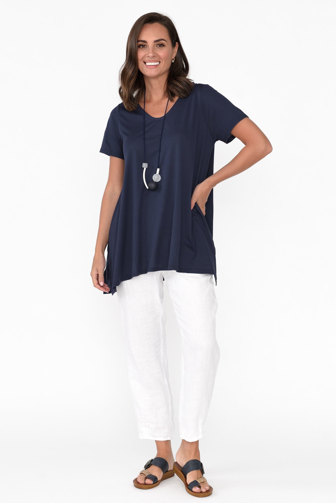 Marcy Navy Drape Cotton Top