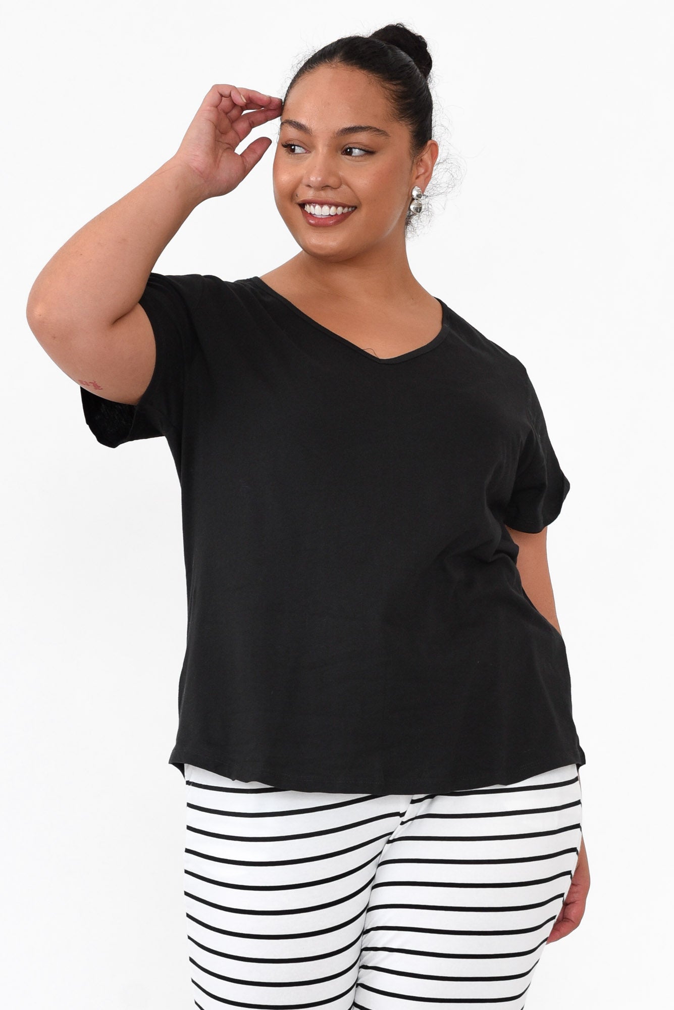 Ava Black Cotton V Neck Tee