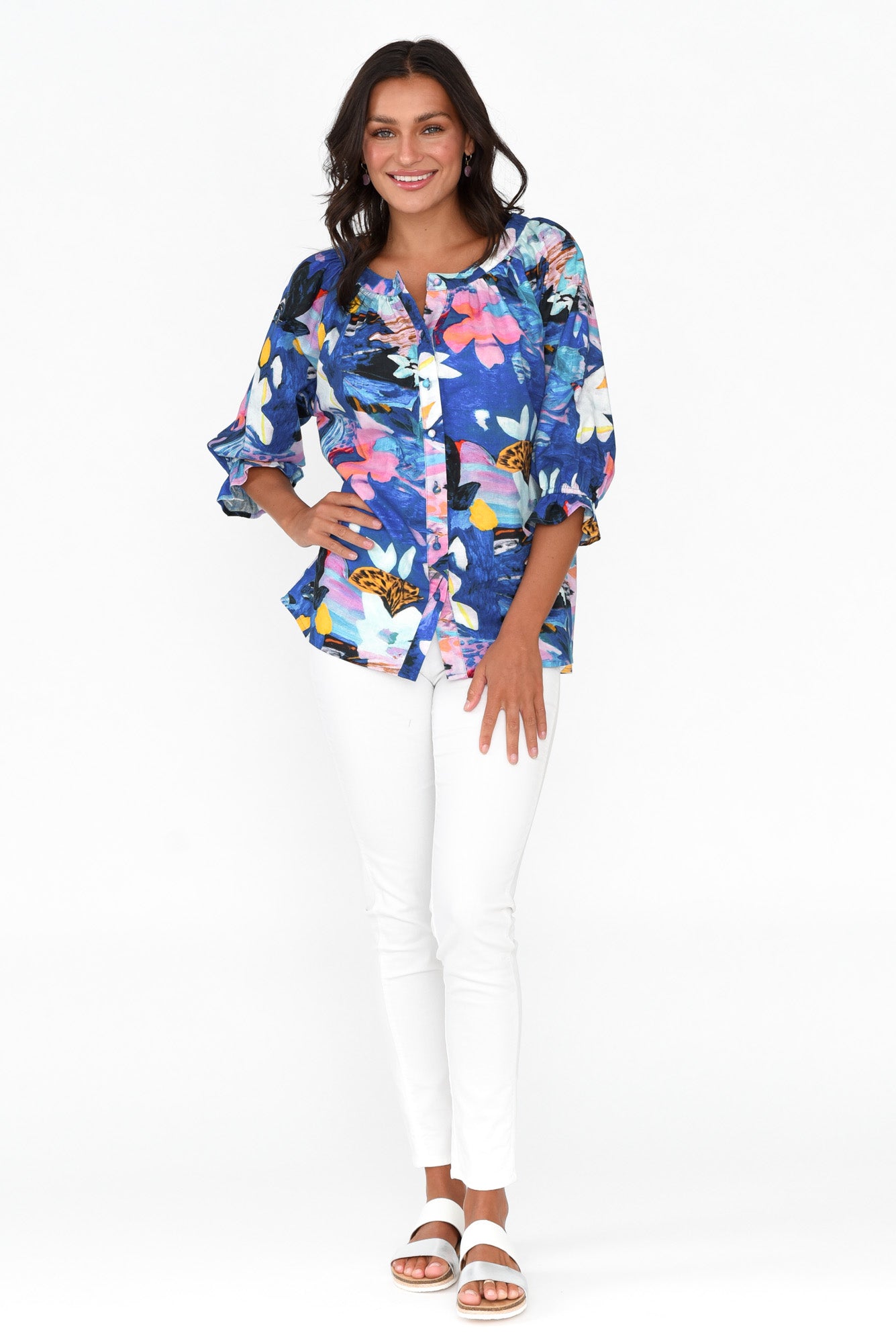 Adria Cobalt Floral Linen Cotton Top