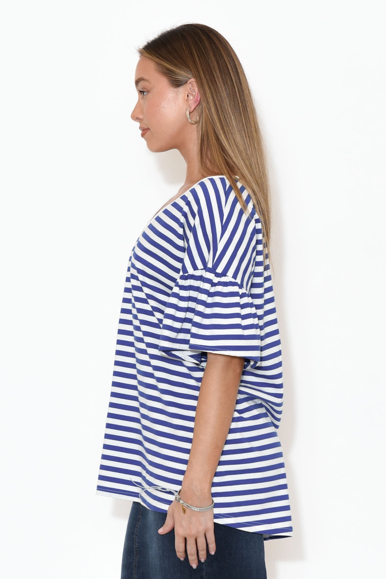 Alessia Blue Stripe Cotton Frill Top