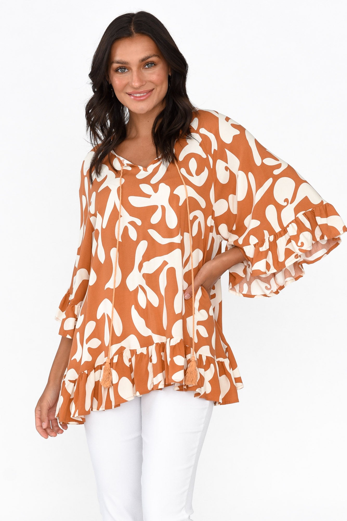 Chase Rust Abstract Tassel Ruffle Top