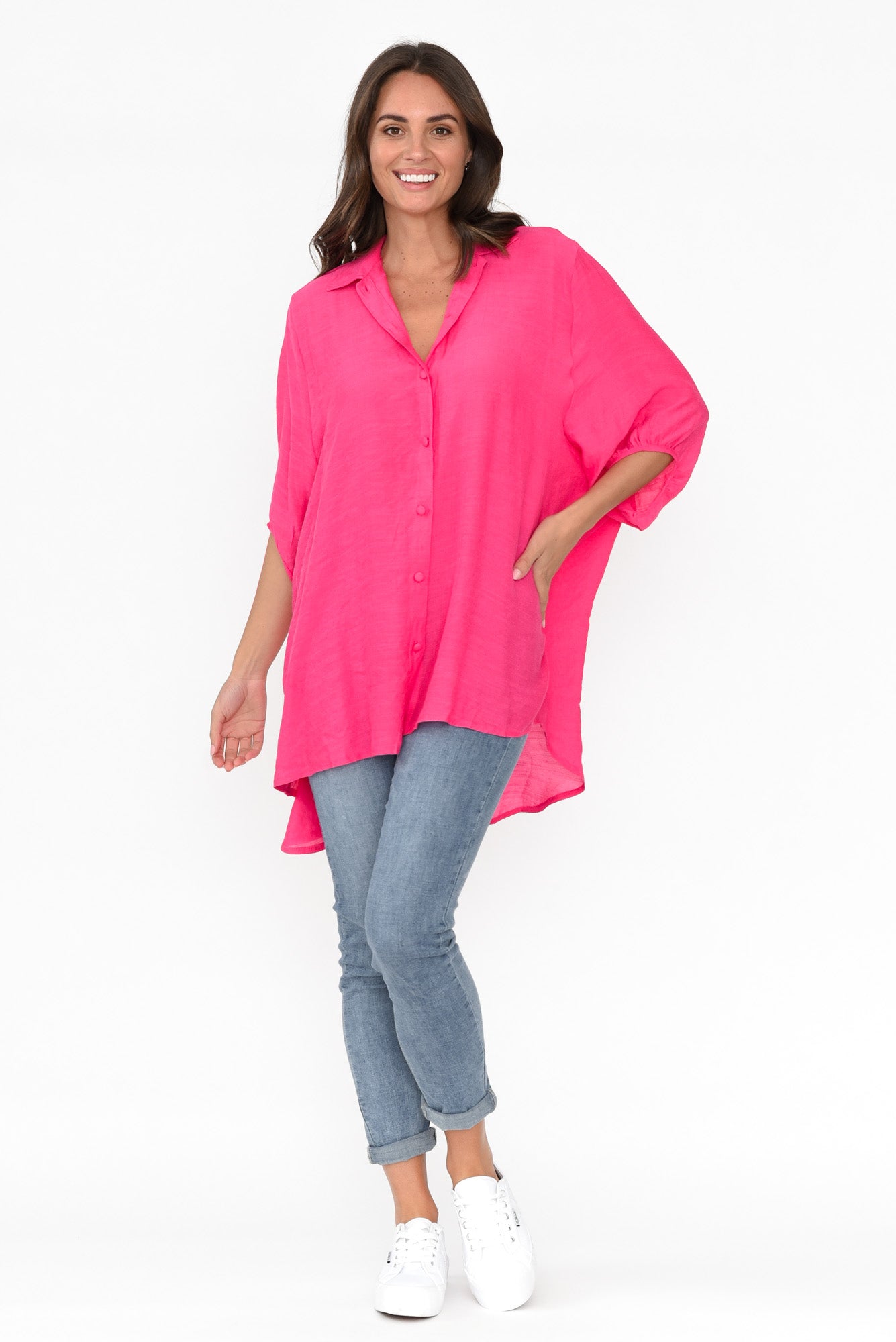 Hot Pink Cotton Blend Hi Lo Shirt