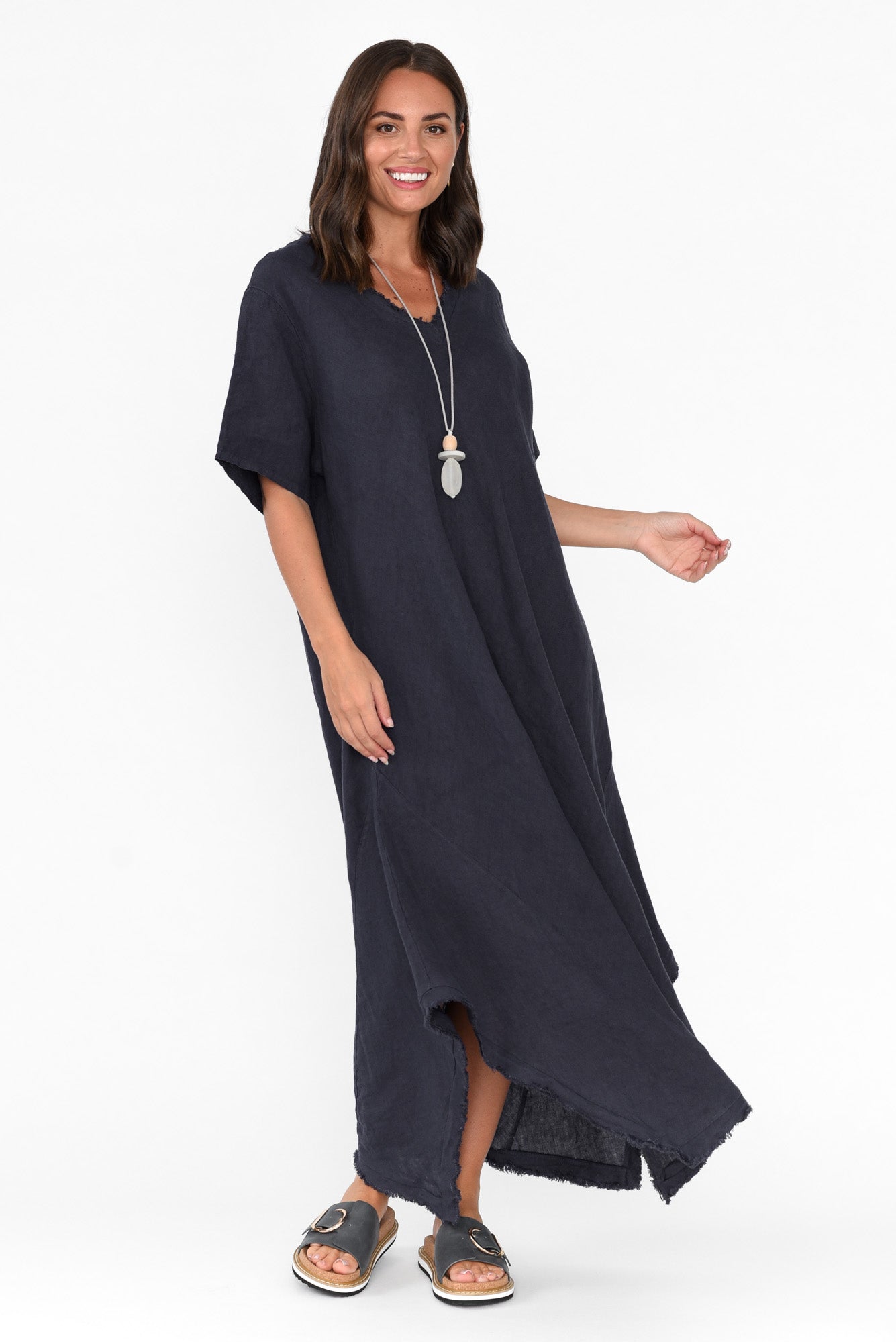 Lacasa Navy Linen Frayed Dress