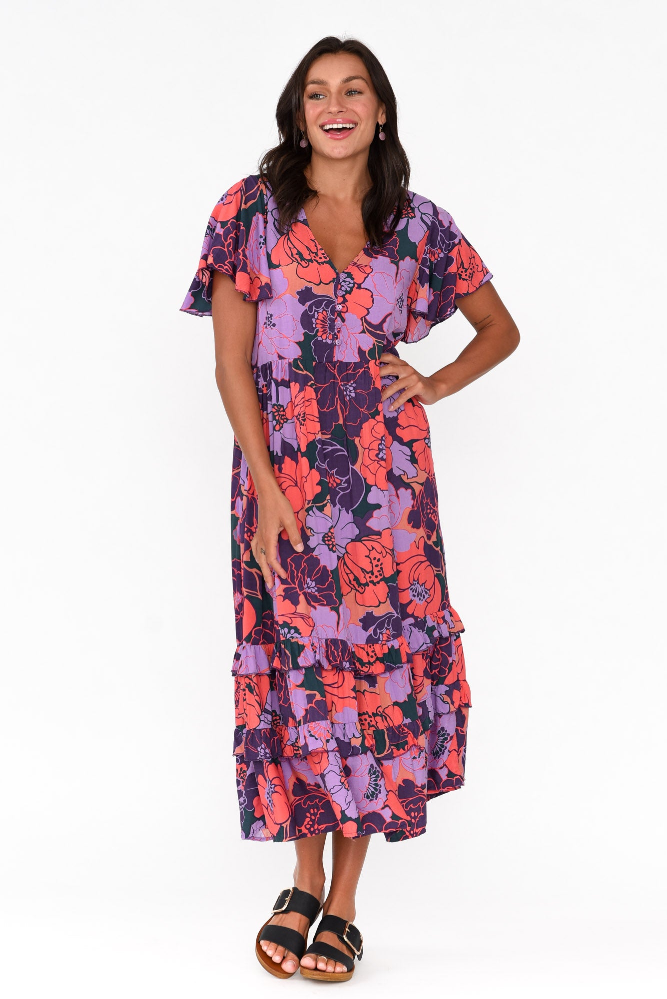 Akira Purple Flower Button Tier Dress