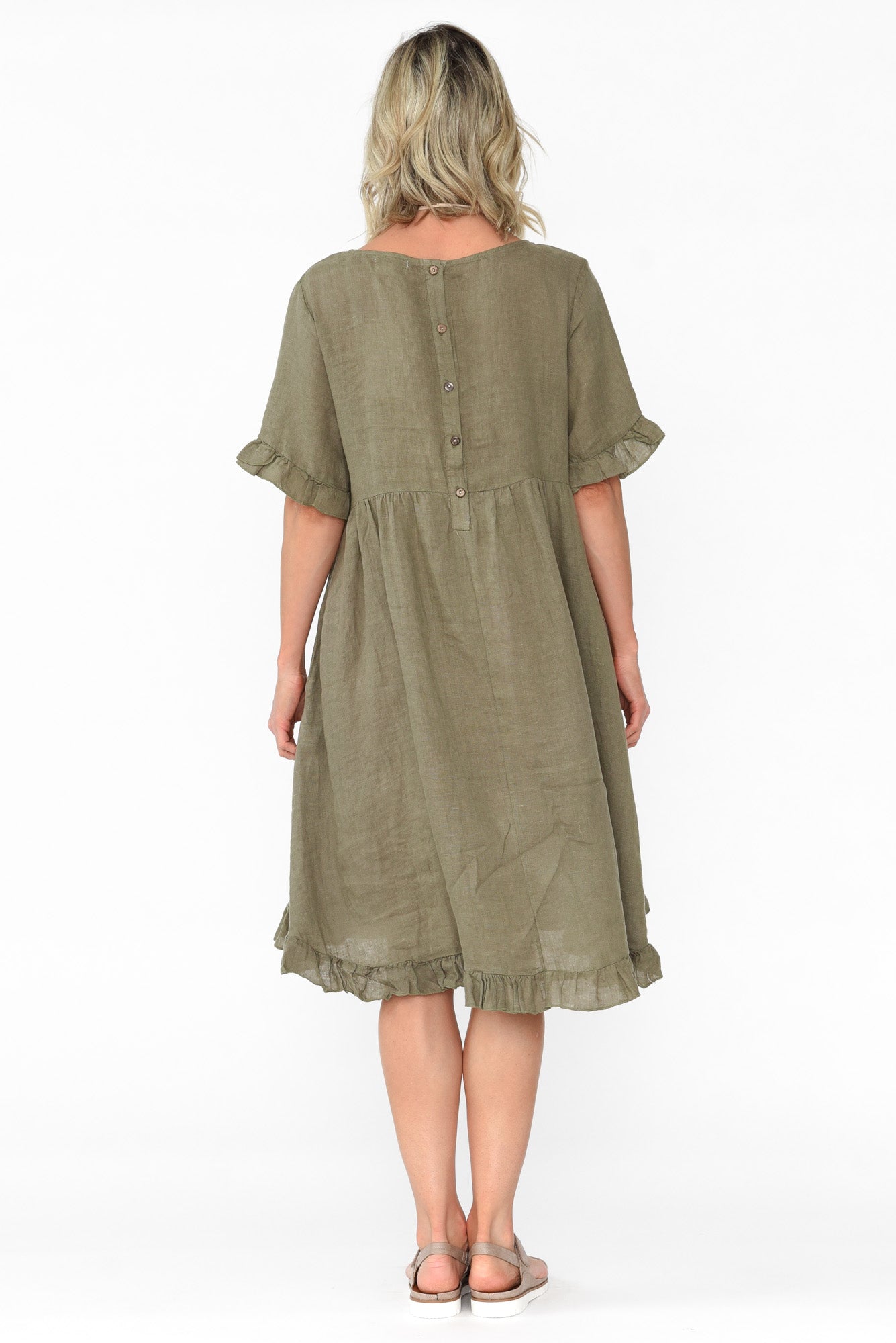 Elodie Khaki Linen Frill Dress