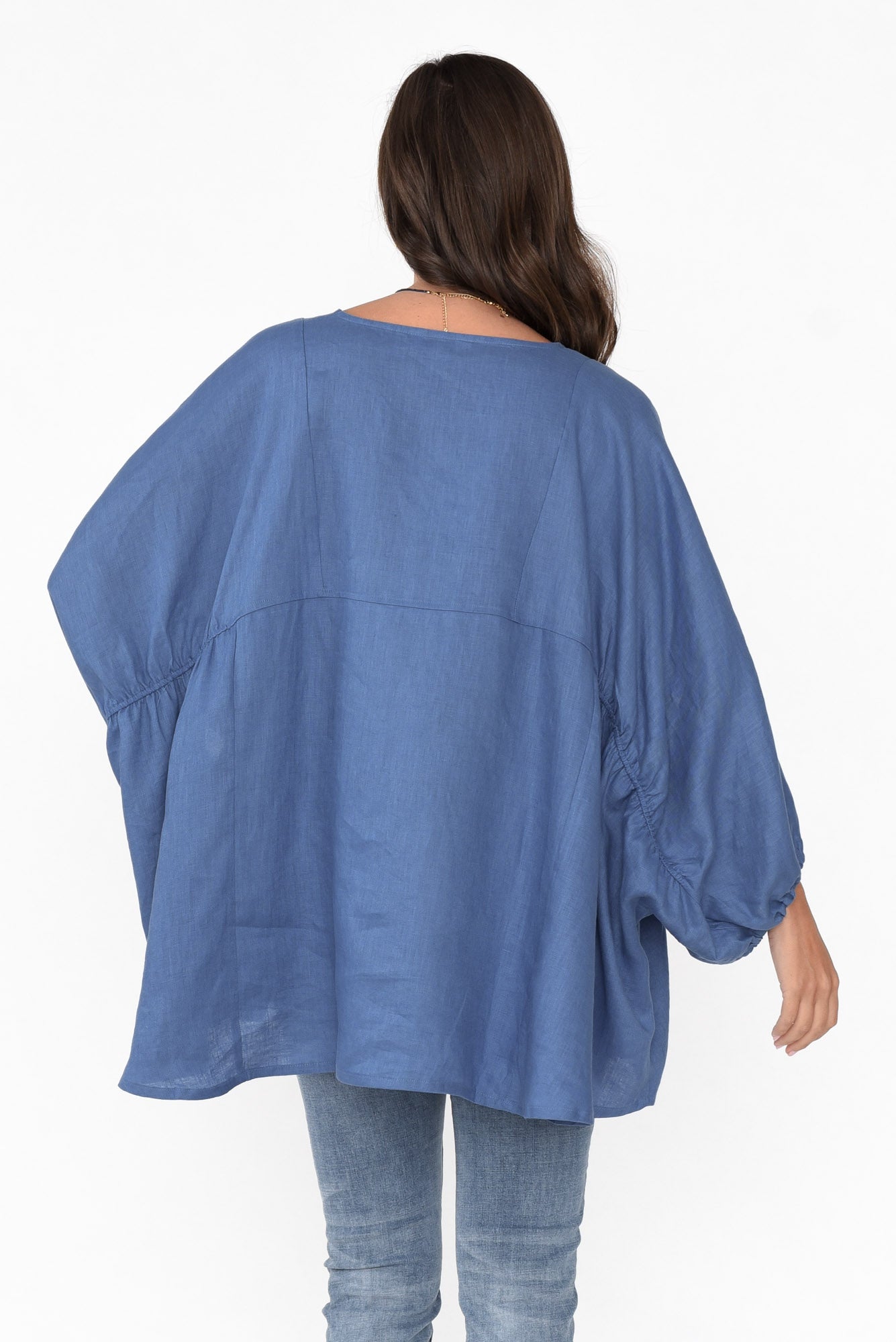 Darla Blue Gathered Sleeve Linen Top