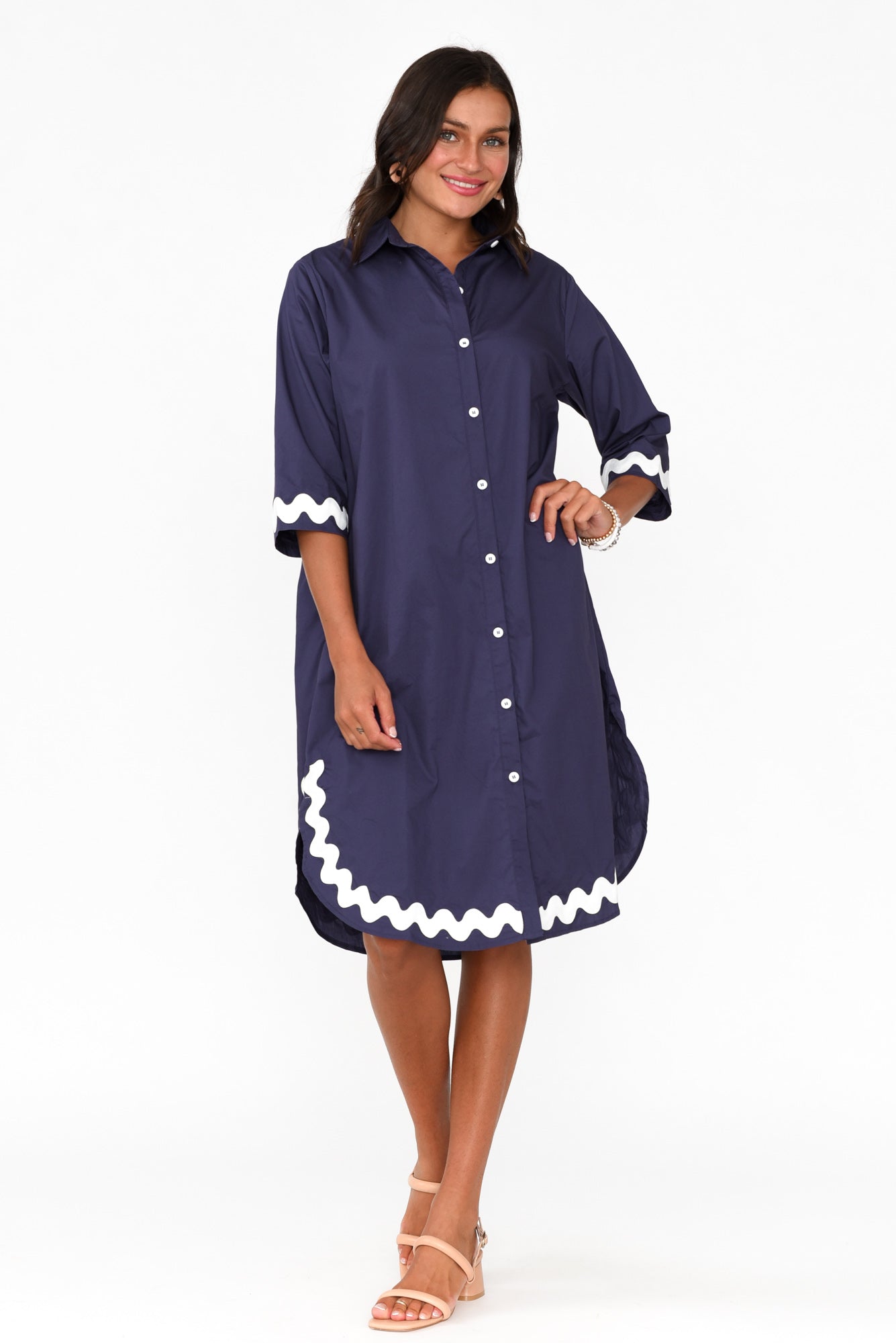 Teton Navy Trim Cotton Shirt Dress