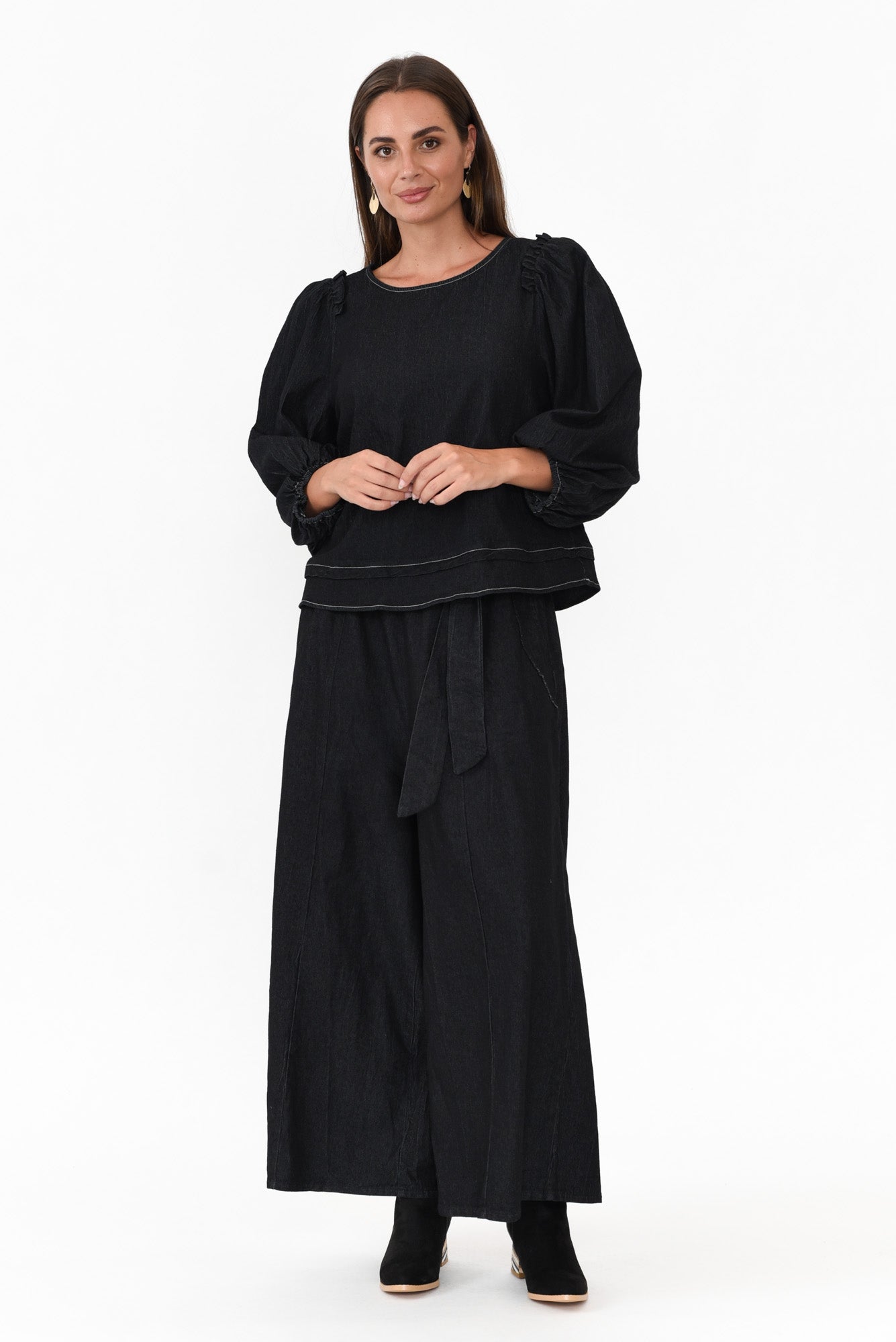 Ferguson Black Cotton Blend Frill Top