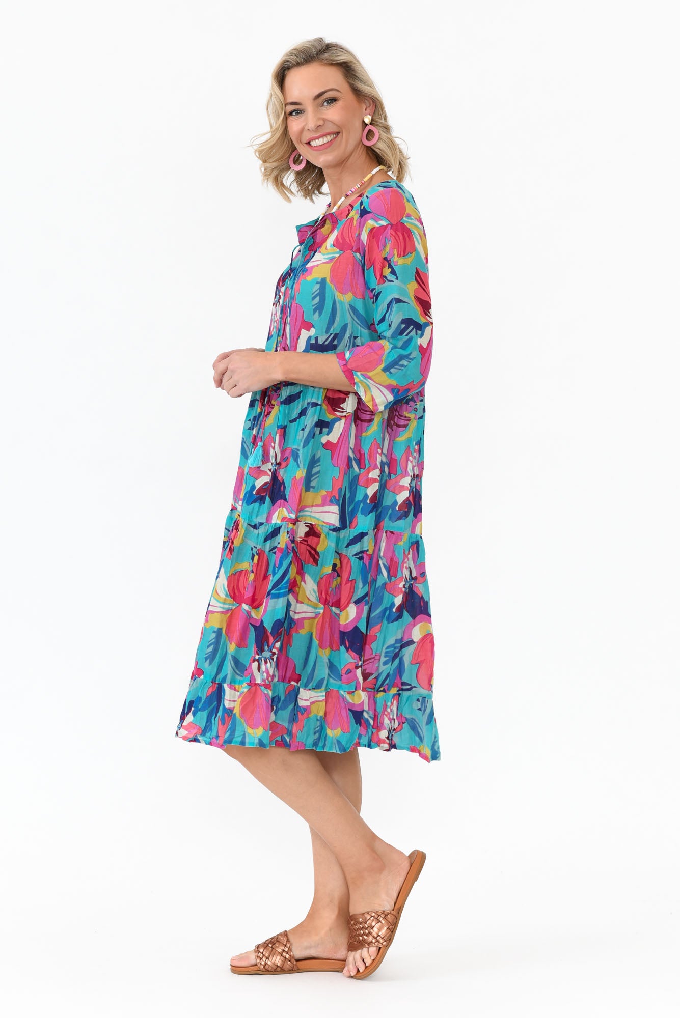 Layla Blue Bloom Crinkle Cotton Dress