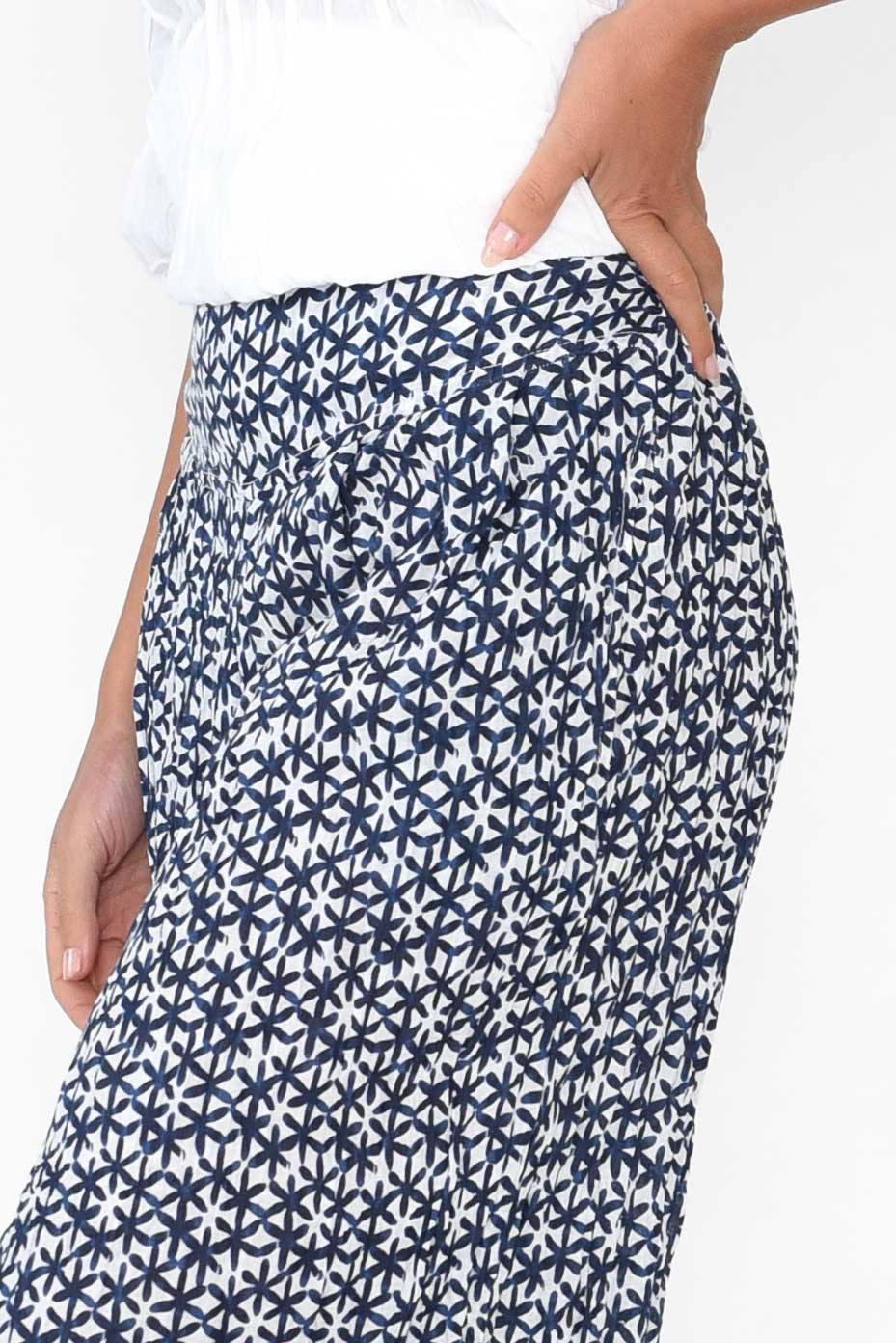 Costello Navy Flower Crinkle Cotton Pant