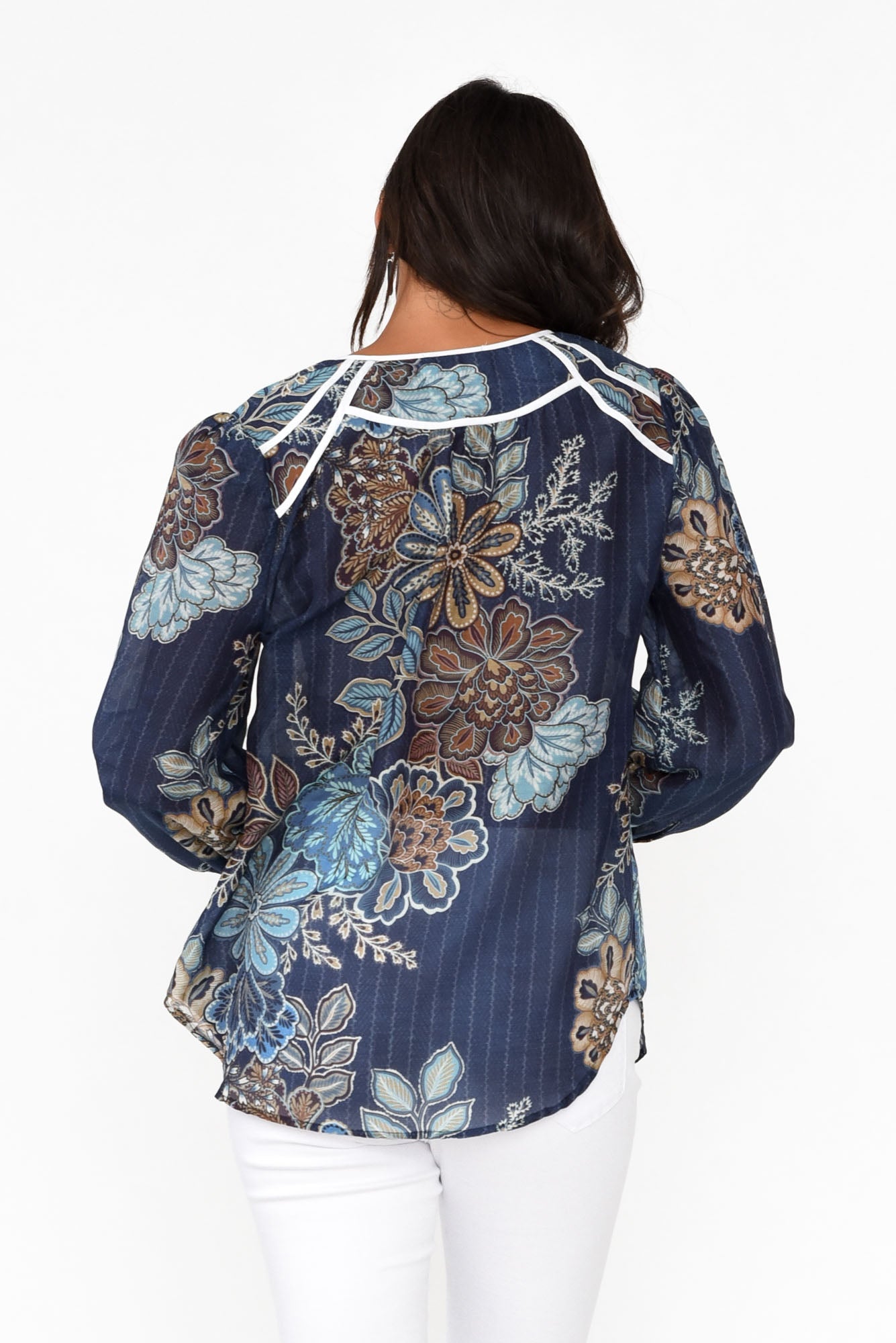 Gracia Navy Flower Cotton Silk Top