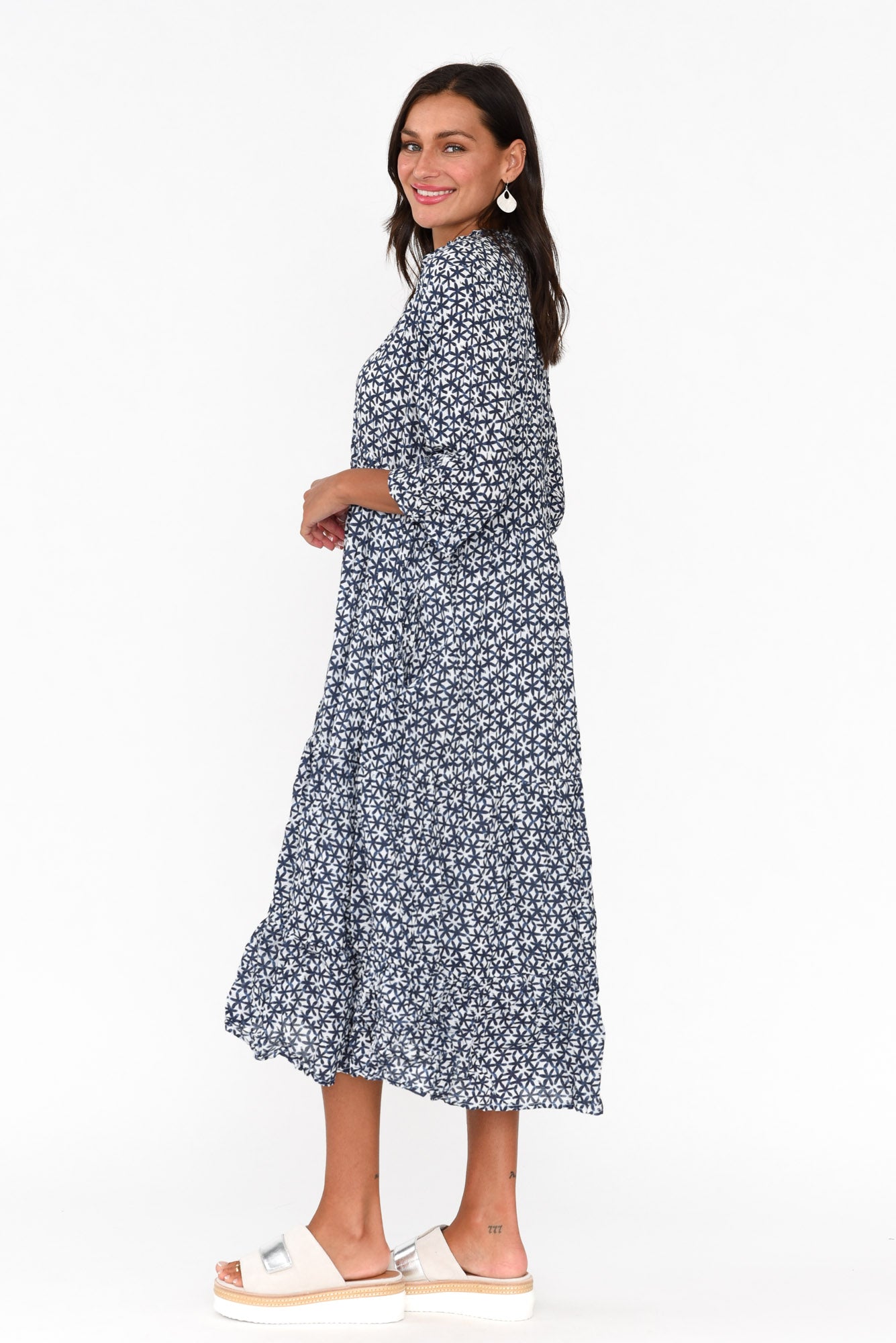 Anniston Navy Flower Cotton Tiered Dress