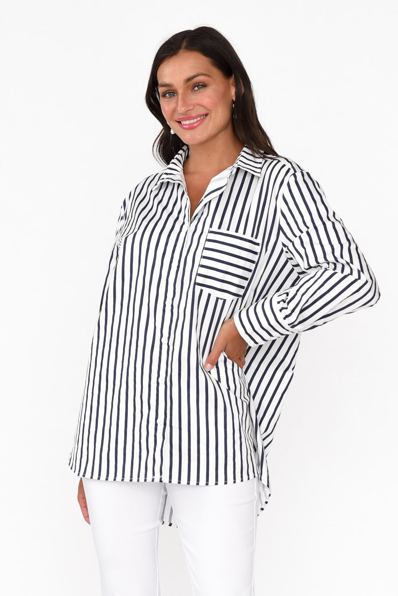 Merril Navy Stripe Cotton Poplin Shirt