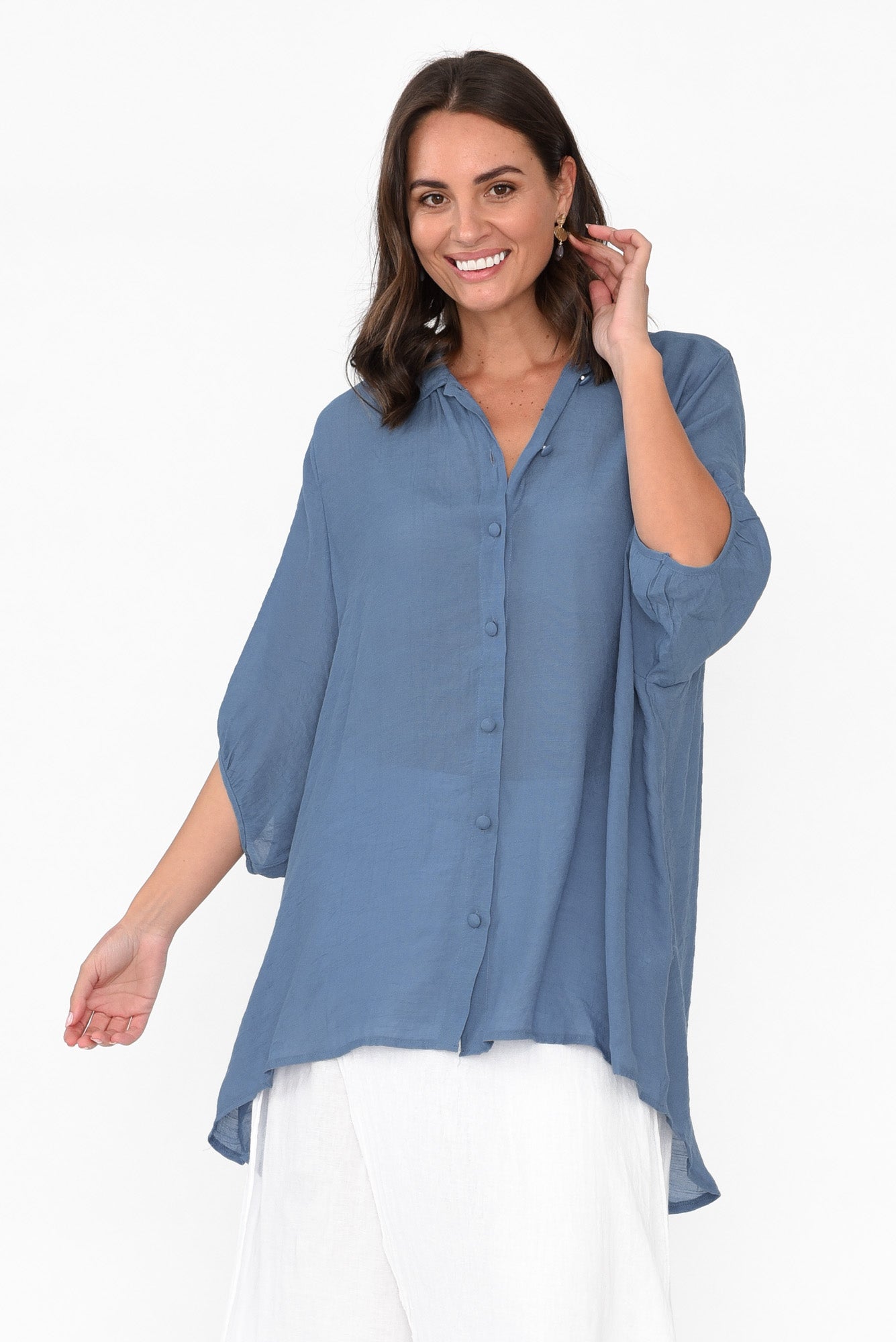 Blue Cotton Blend Hi Lo Shirt