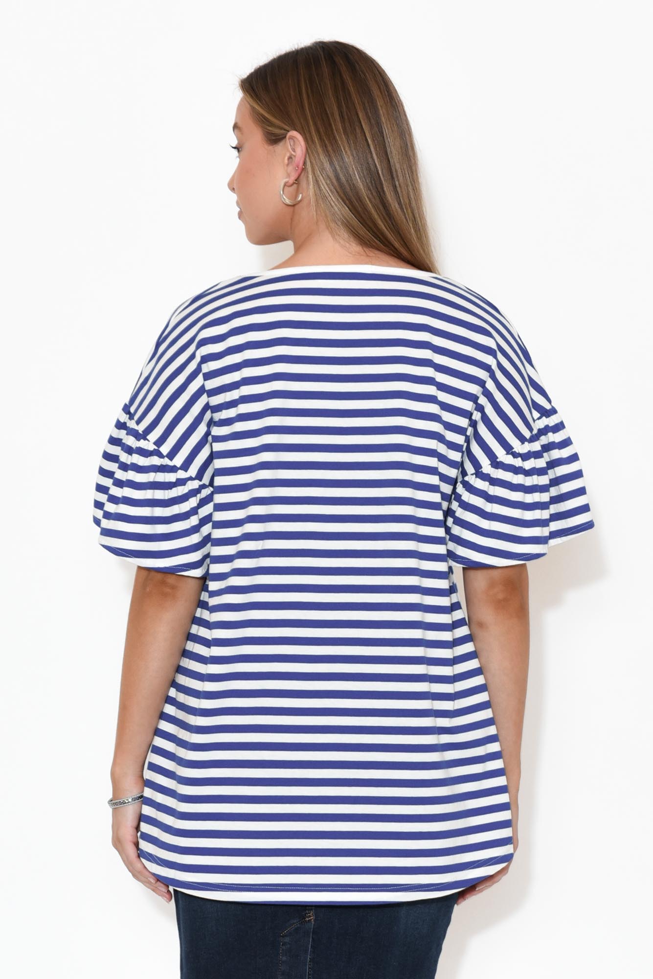 Alessia Blue Stripe Cotton Frill Top