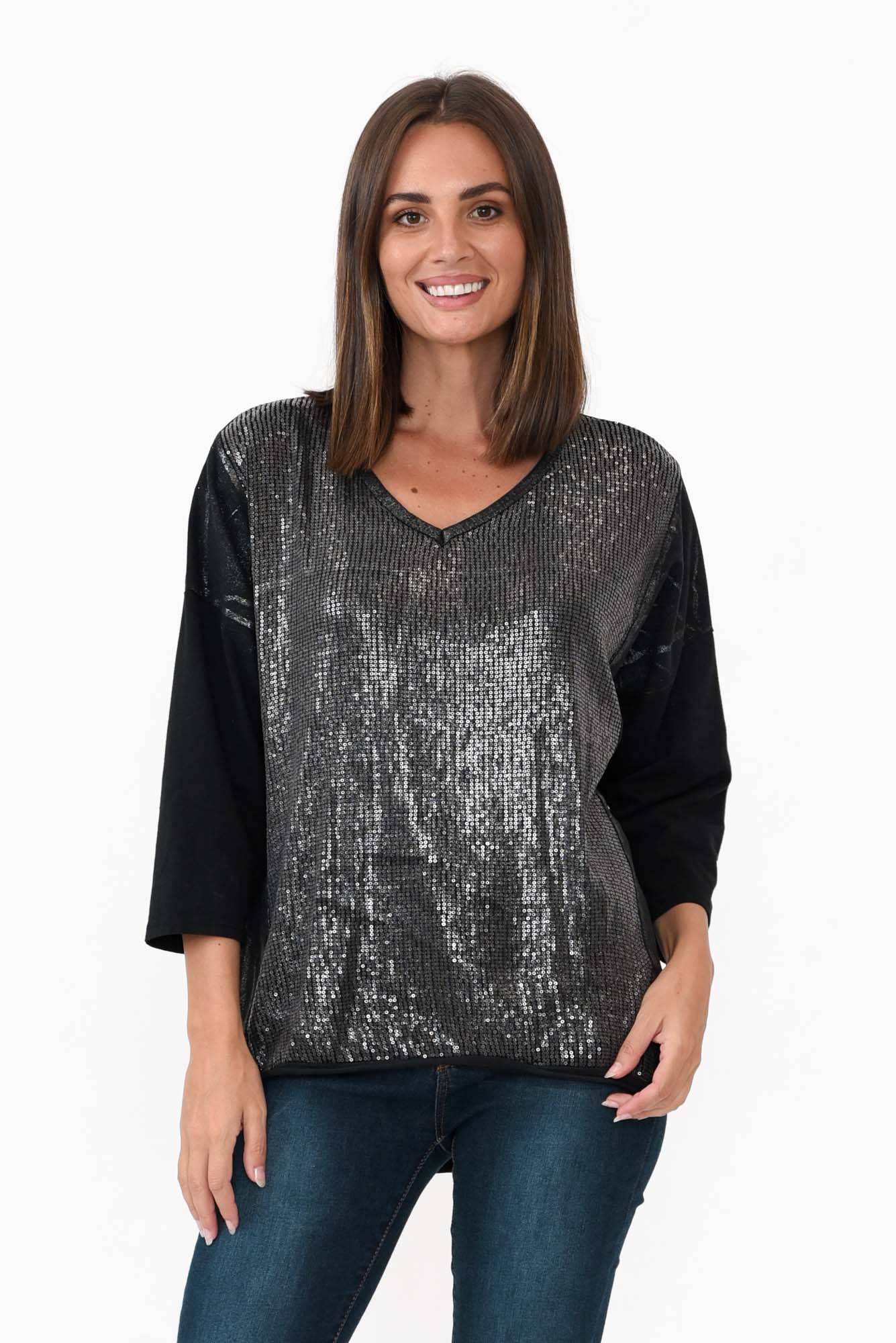 Willard Black Cotton Sequin Top