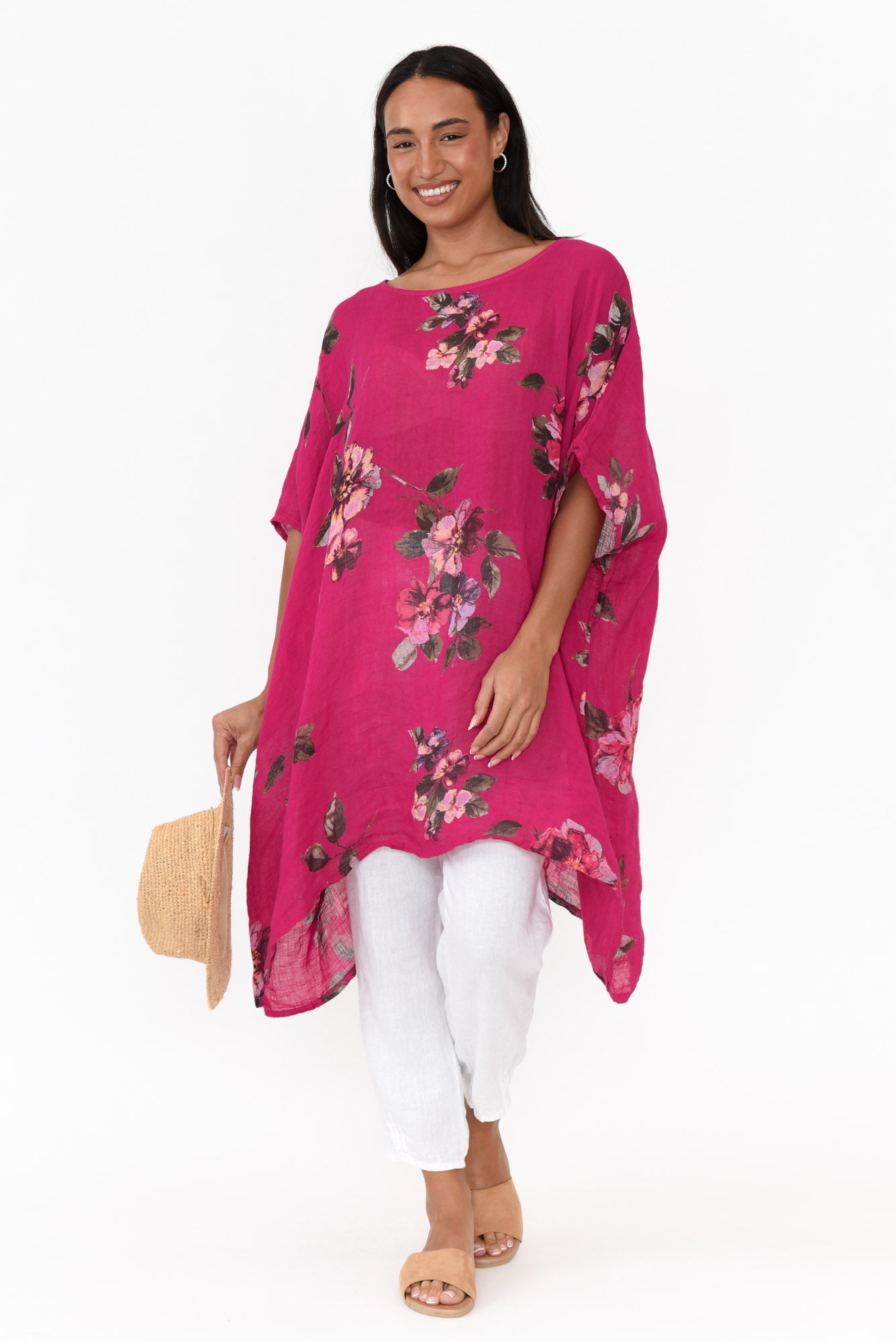 Noemi Hot Pink Floral Linen Kaftan Tunic