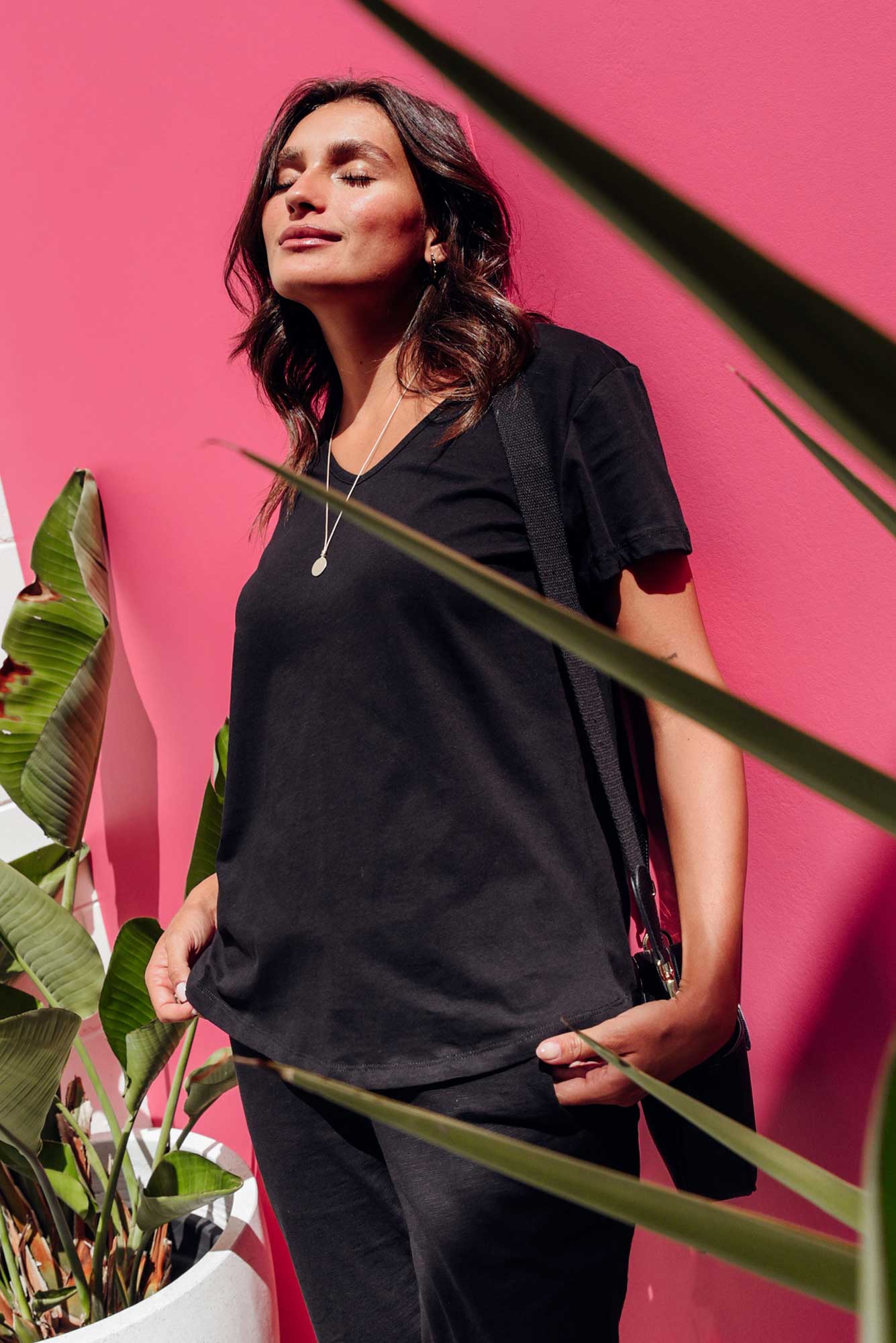 Ava Black Cotton V Neck Tee