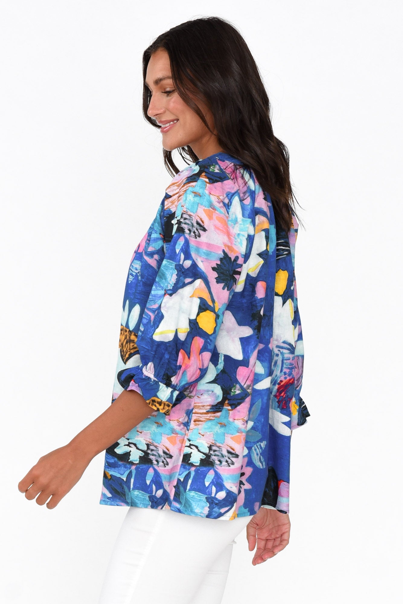 Adria Cobalt Floral Linen Cotton Top