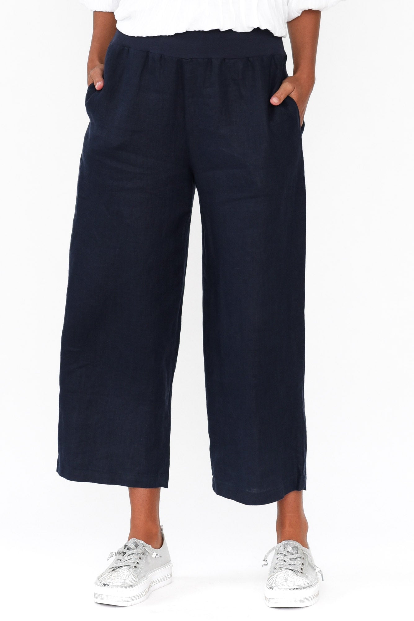 Griffin Navy Linen Wide Leg Pant