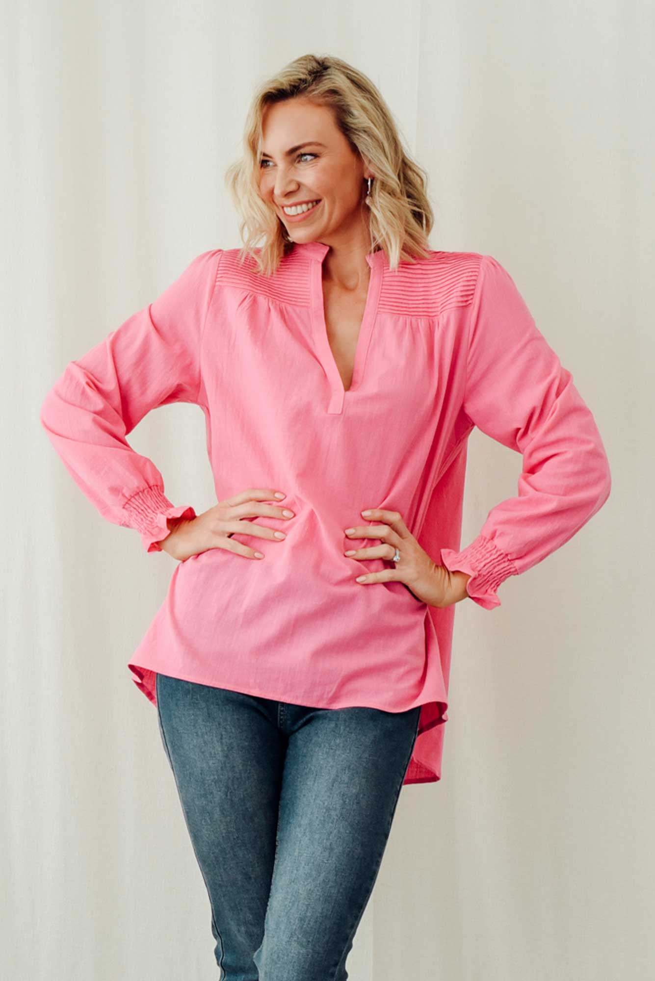 April Pink Cotton V Neck Top