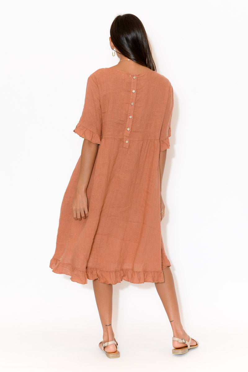 Elodie Coral Linen Frill Dress