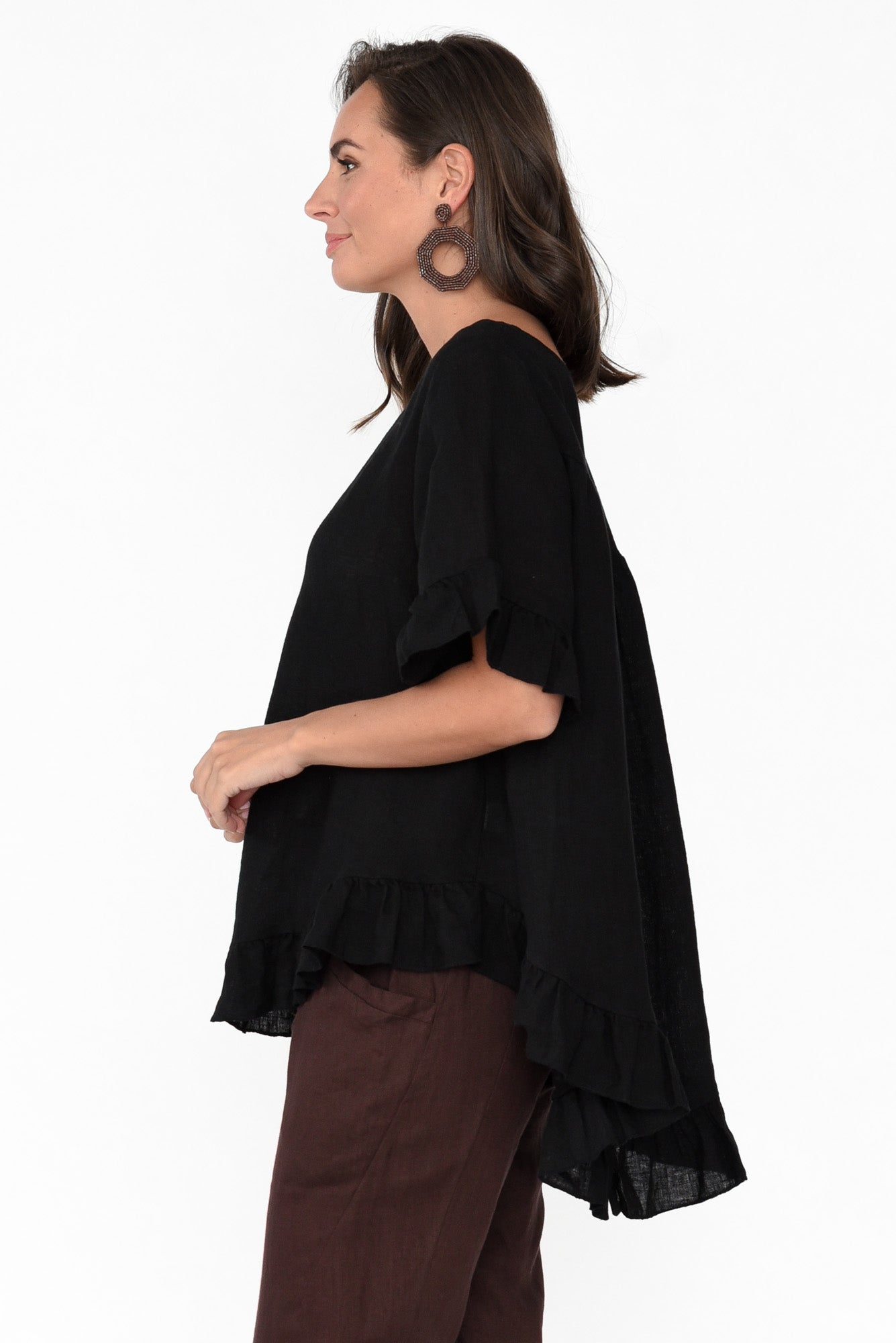 Genevieve Black Linen Frill Top