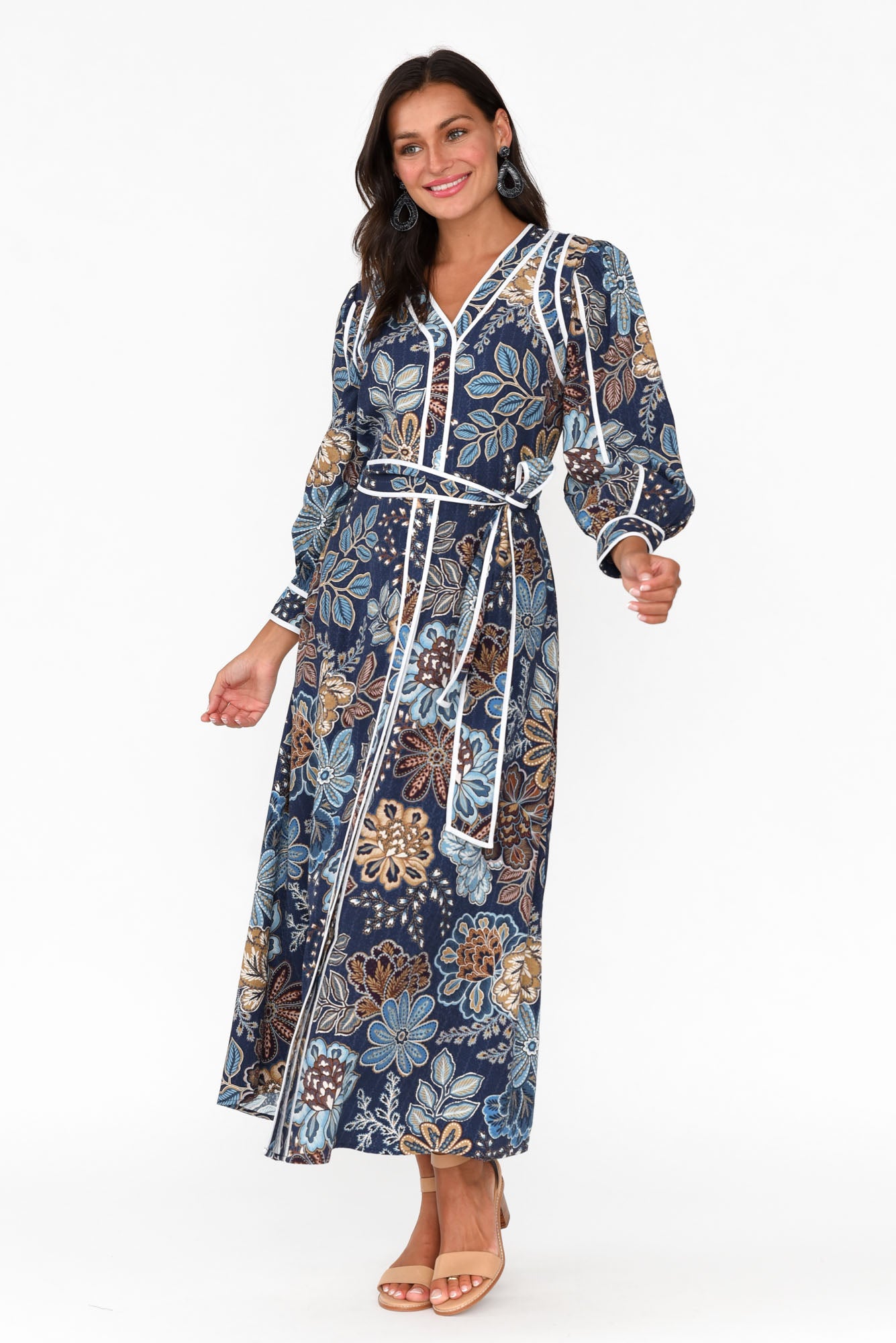 Lorene Navy Flower Bishop Sleeve Dress