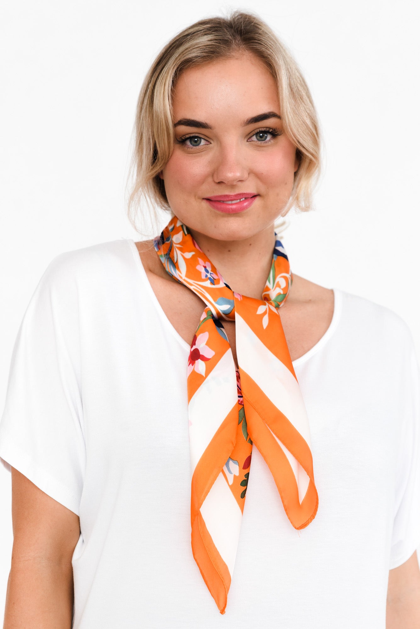 Cresta Orange Satin Floral Square Scarf