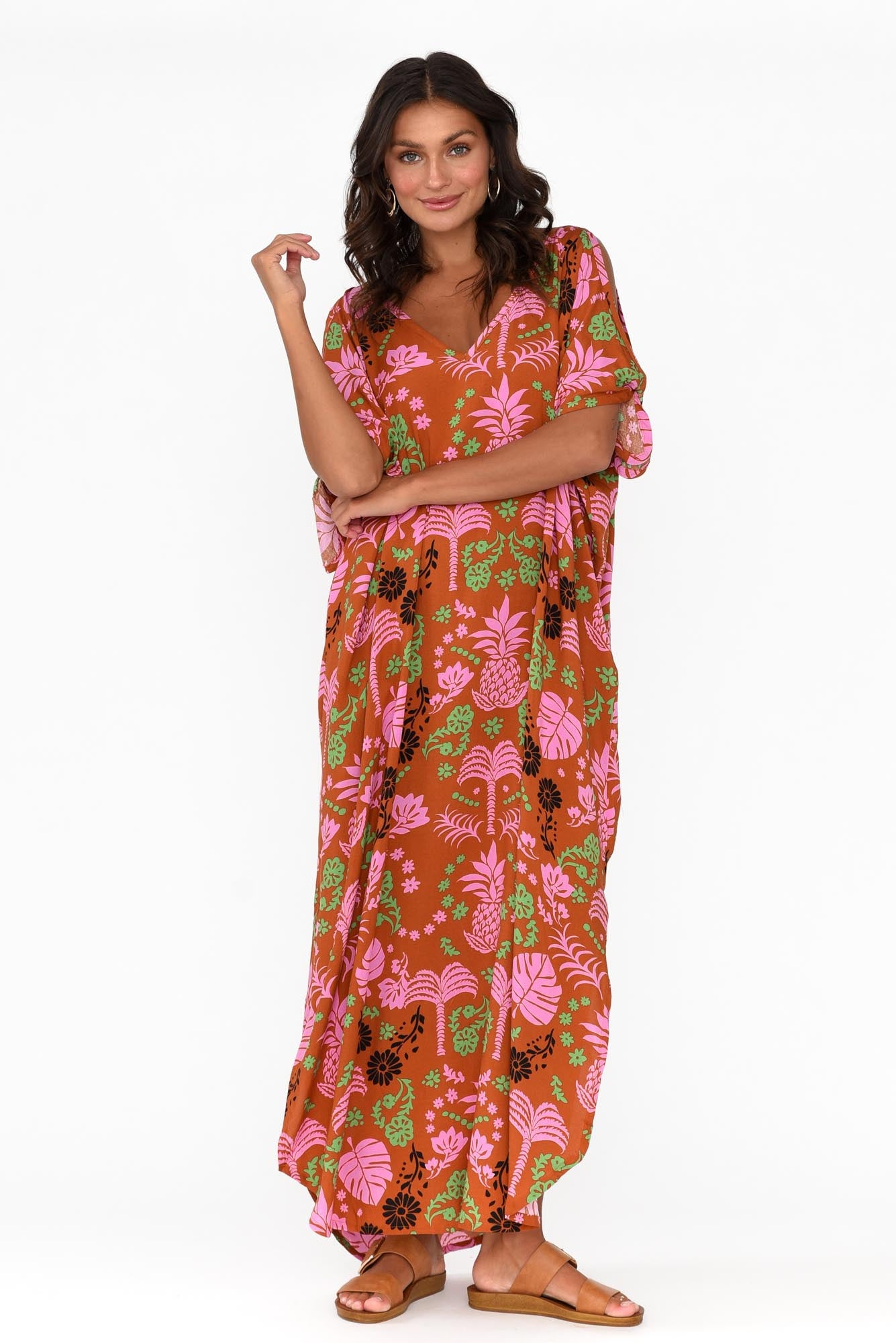 Marika Rust Tropical Cold Shoulder Kaftan
