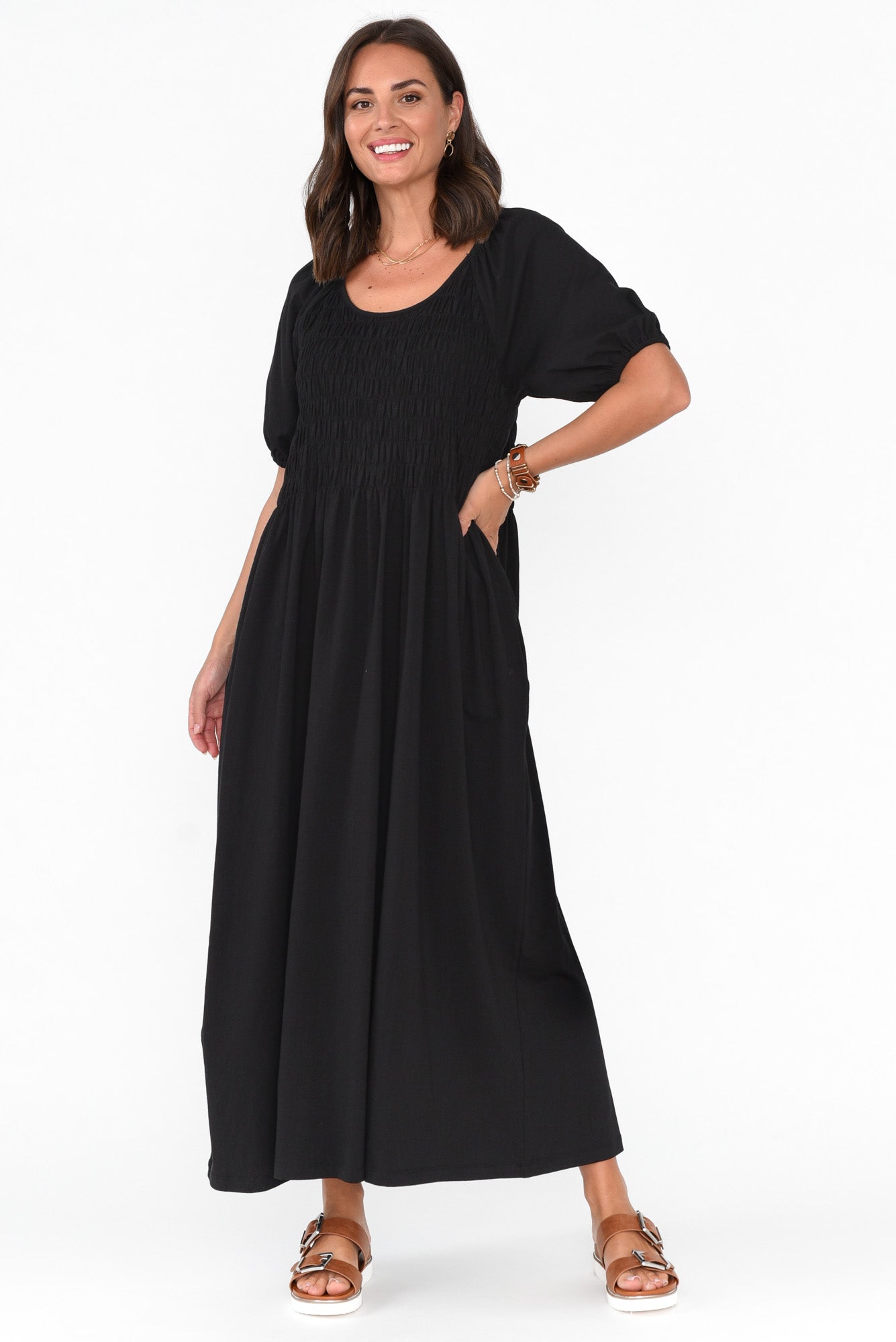Vancouver Black Cotton Shirred Dress
