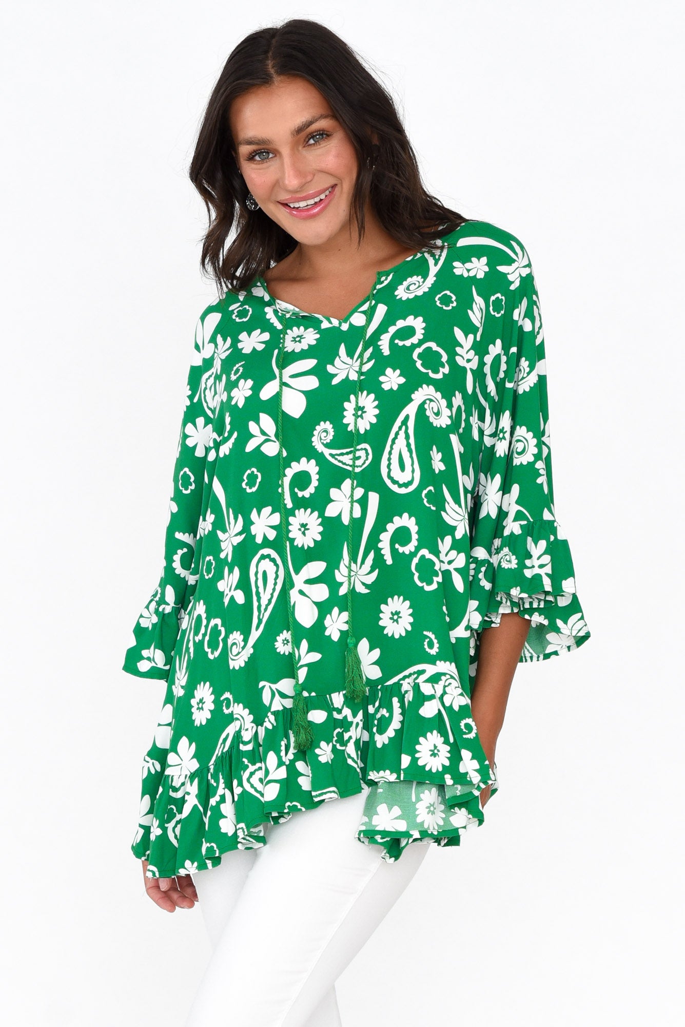 Chase Green Garden Tassel Ruffle Top