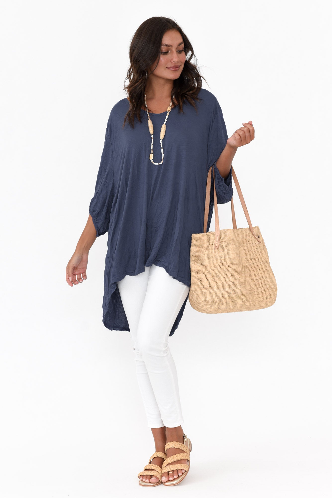 Agnes Navy Crinkle Cotton Hi Lo Top