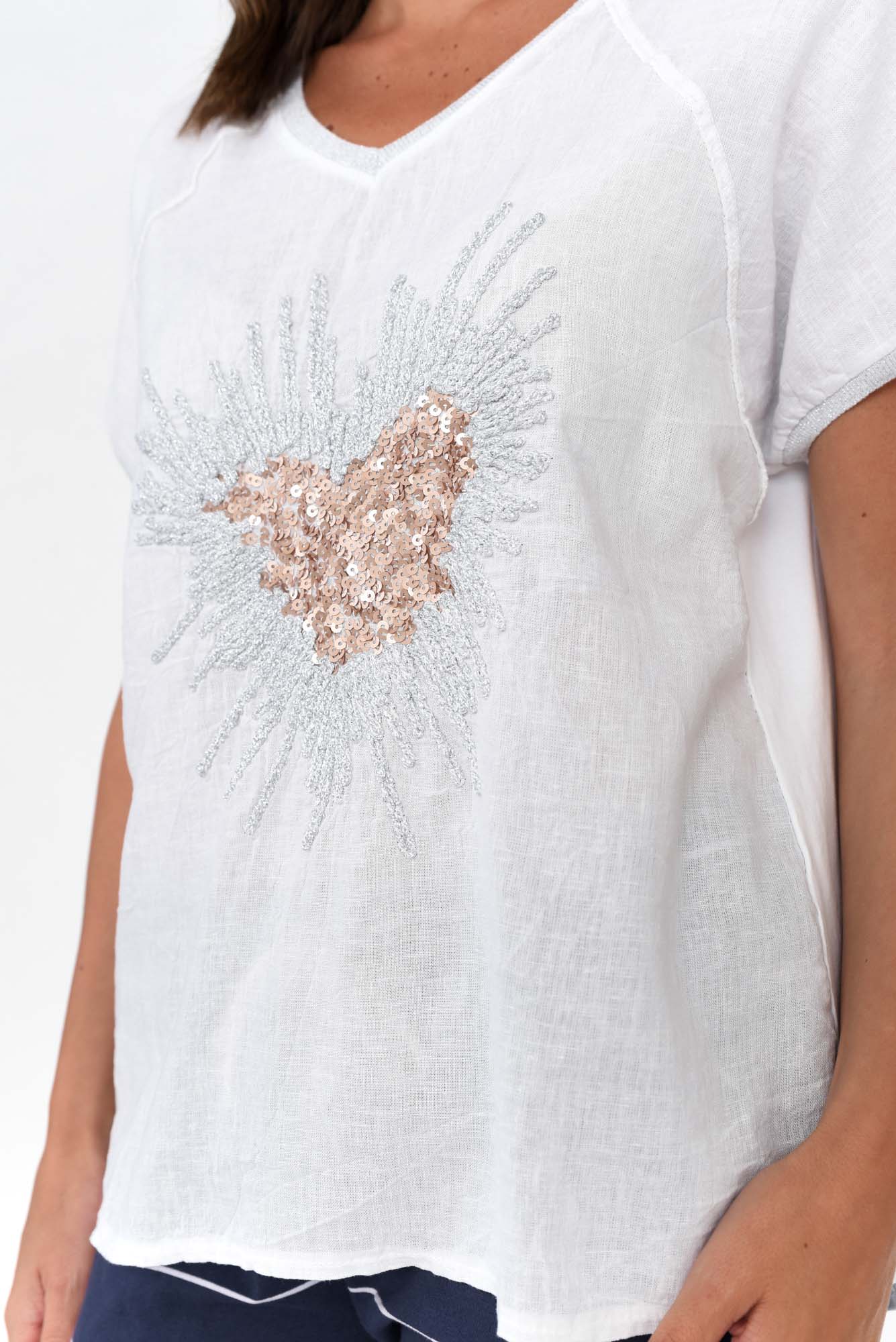 Candela White Sequin Heart Linen Top