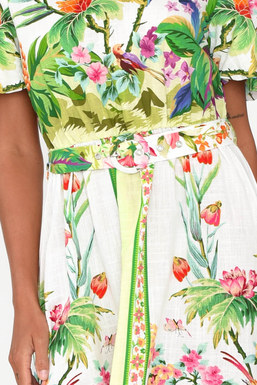 Cobana Green Tropical Cotton Belted Dress
