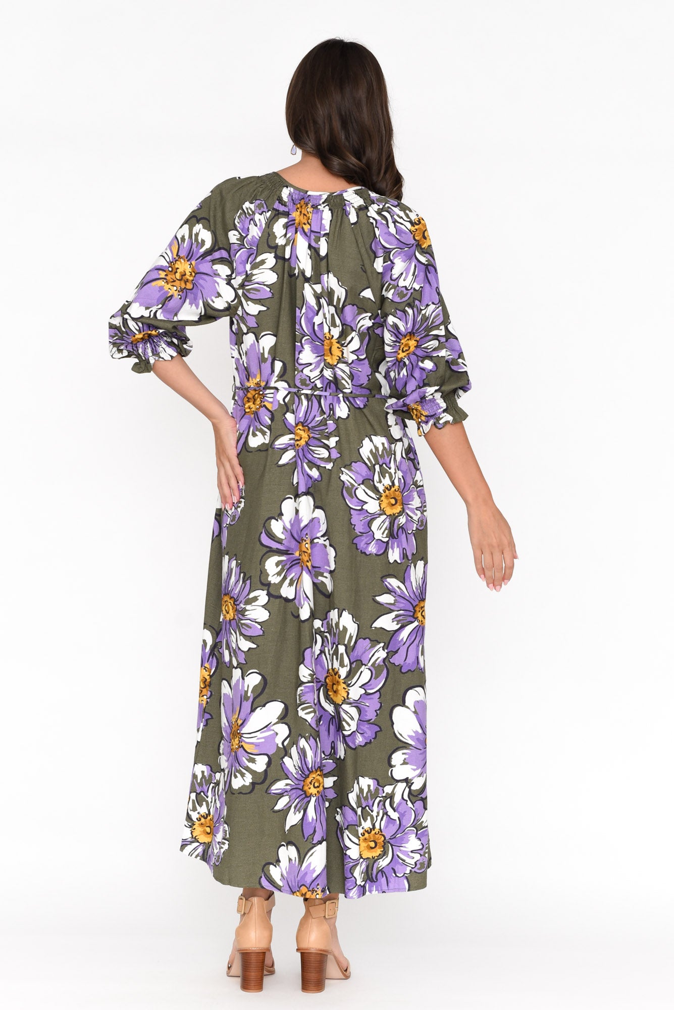Antelle Khaki Blossom Linen Blend Dress