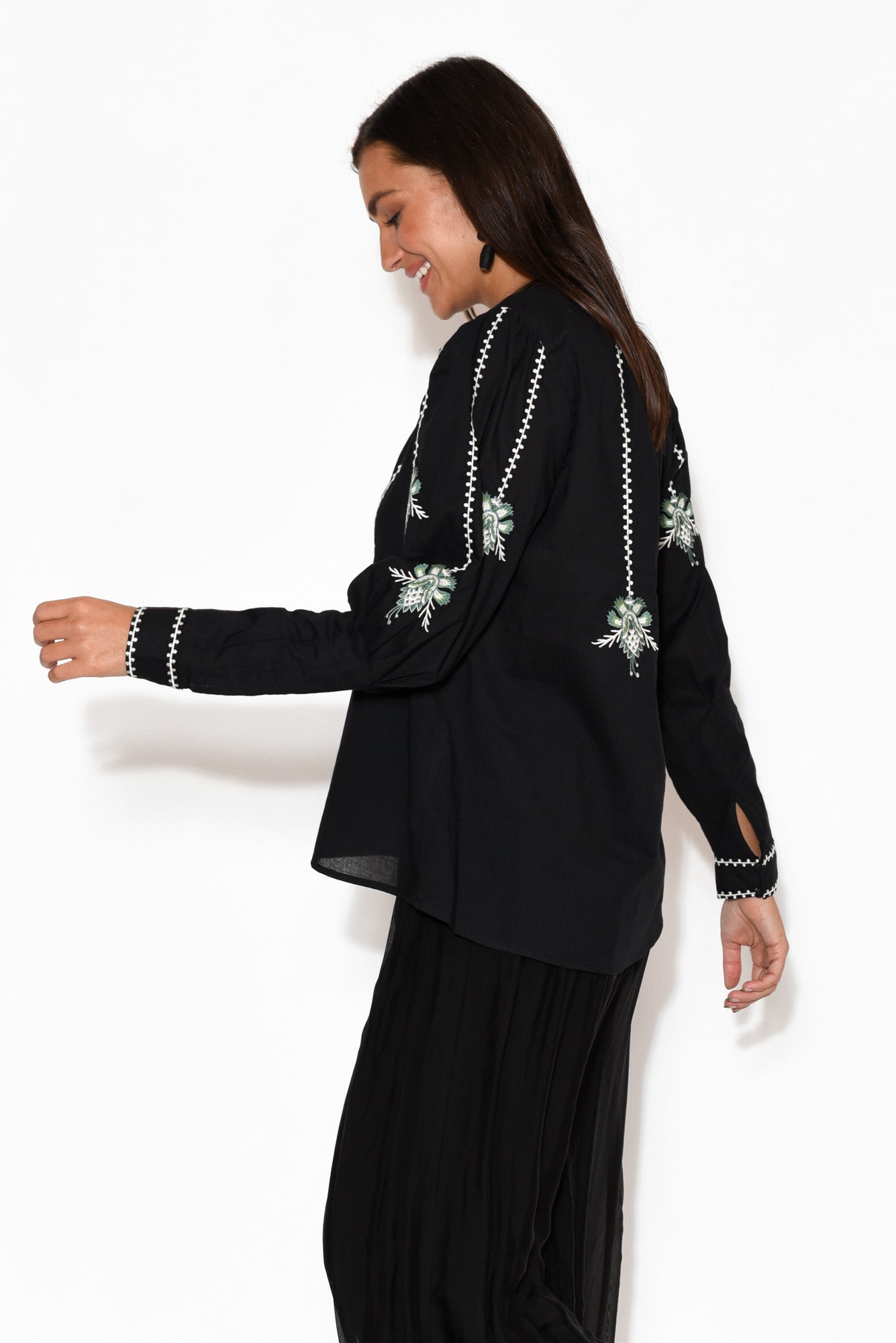 Grove Black Embroidered Bishop Sleeve Top