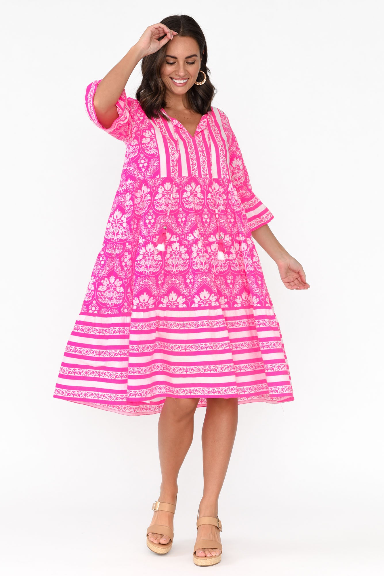 Amber Hot Pink Damask Cotton Dress