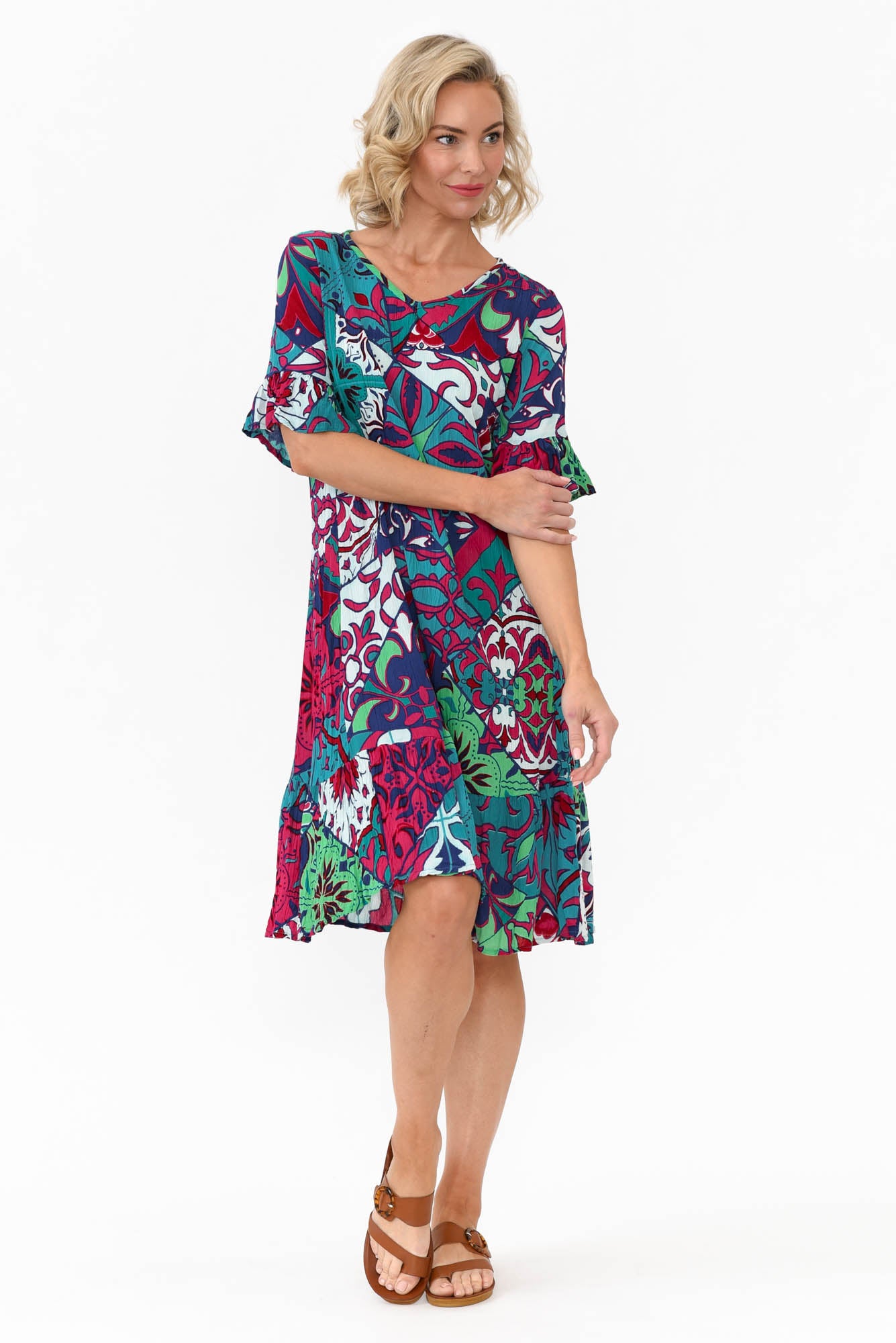 Calla Teal Mosaic Crinkle Dress