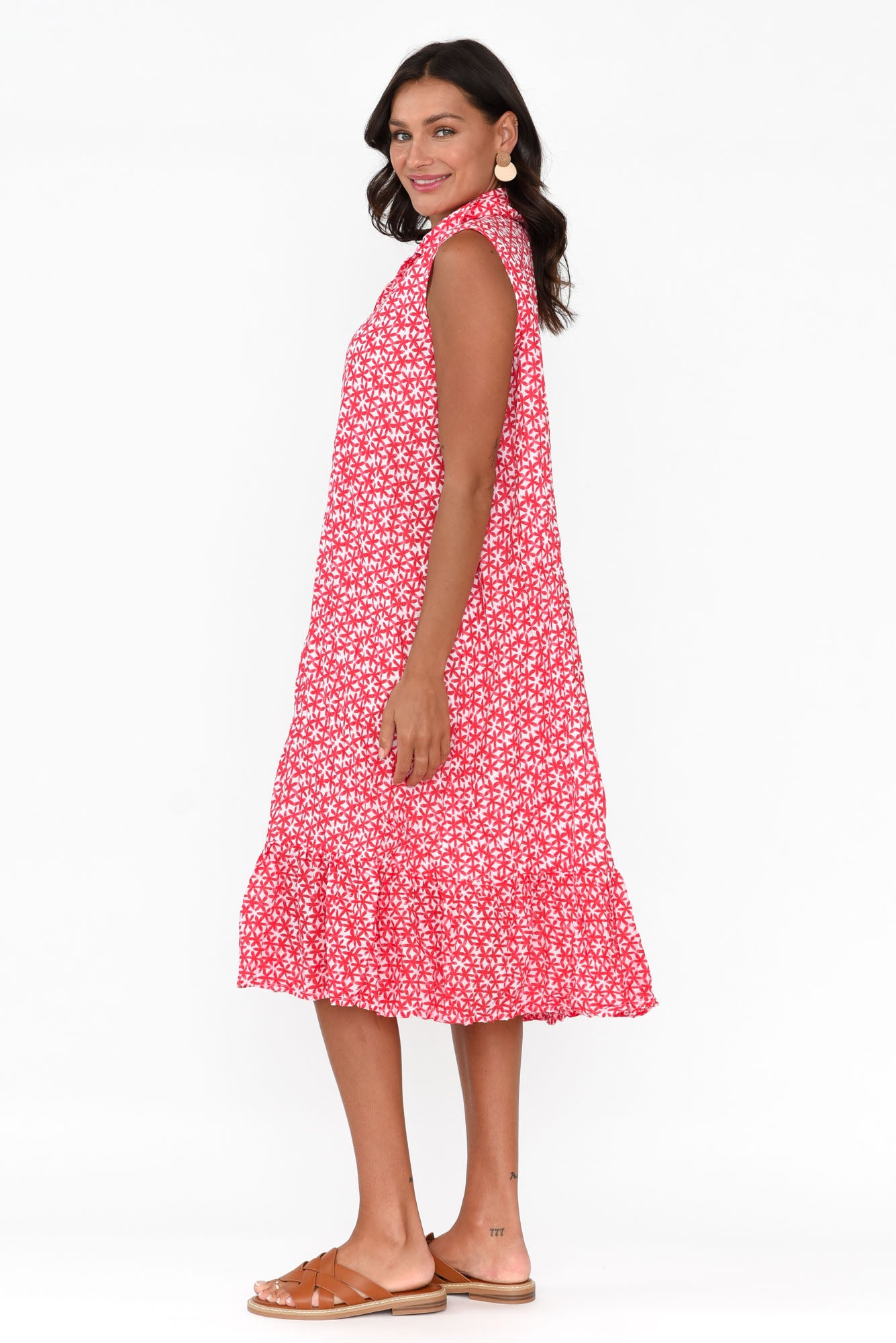 Luca Red Flower Cotton Frill Hem Dress