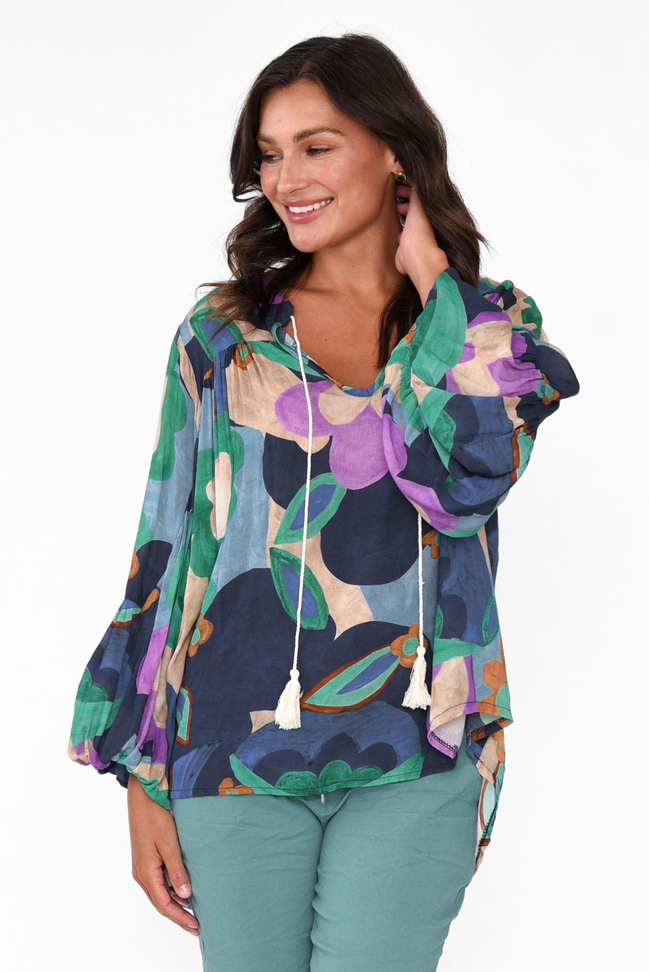 Althea Navy Floral V Neck Top
